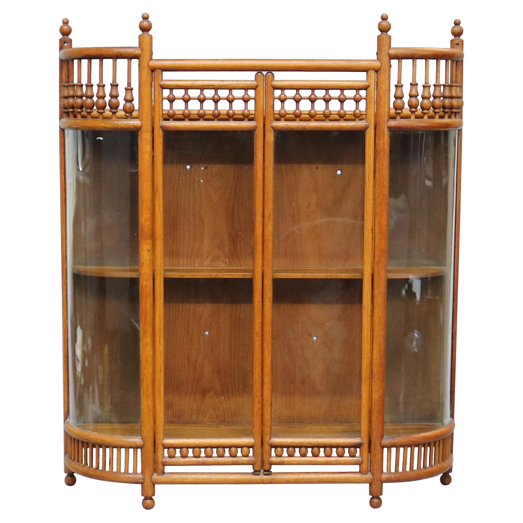 Antique Victorian Stick & Ball Oak Hanging Demilune Wall Display Cabinet, c1900