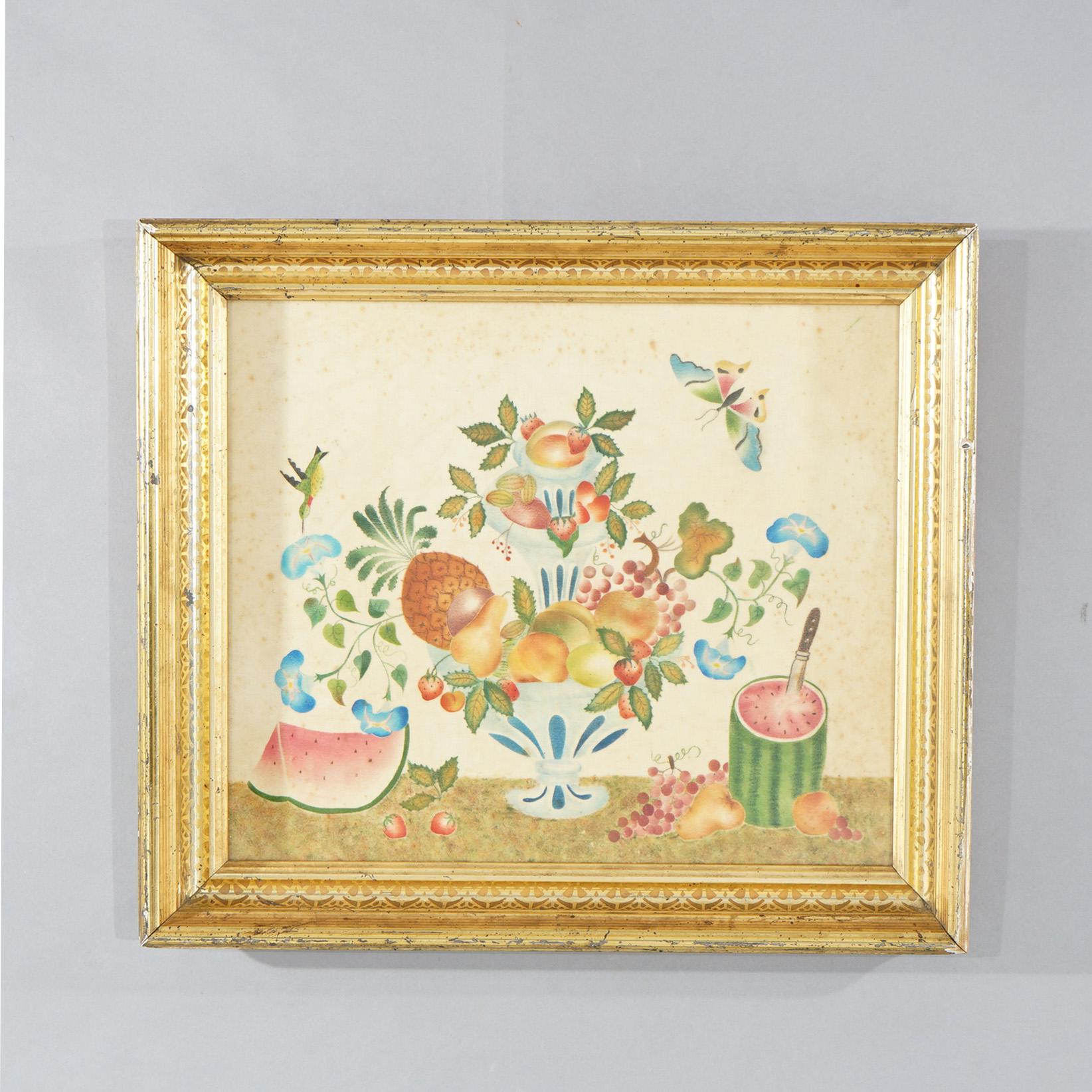 An antique Victorian theorem offers still life of fruit with butterflies and hummingbird, c1850

Measures - 17.5