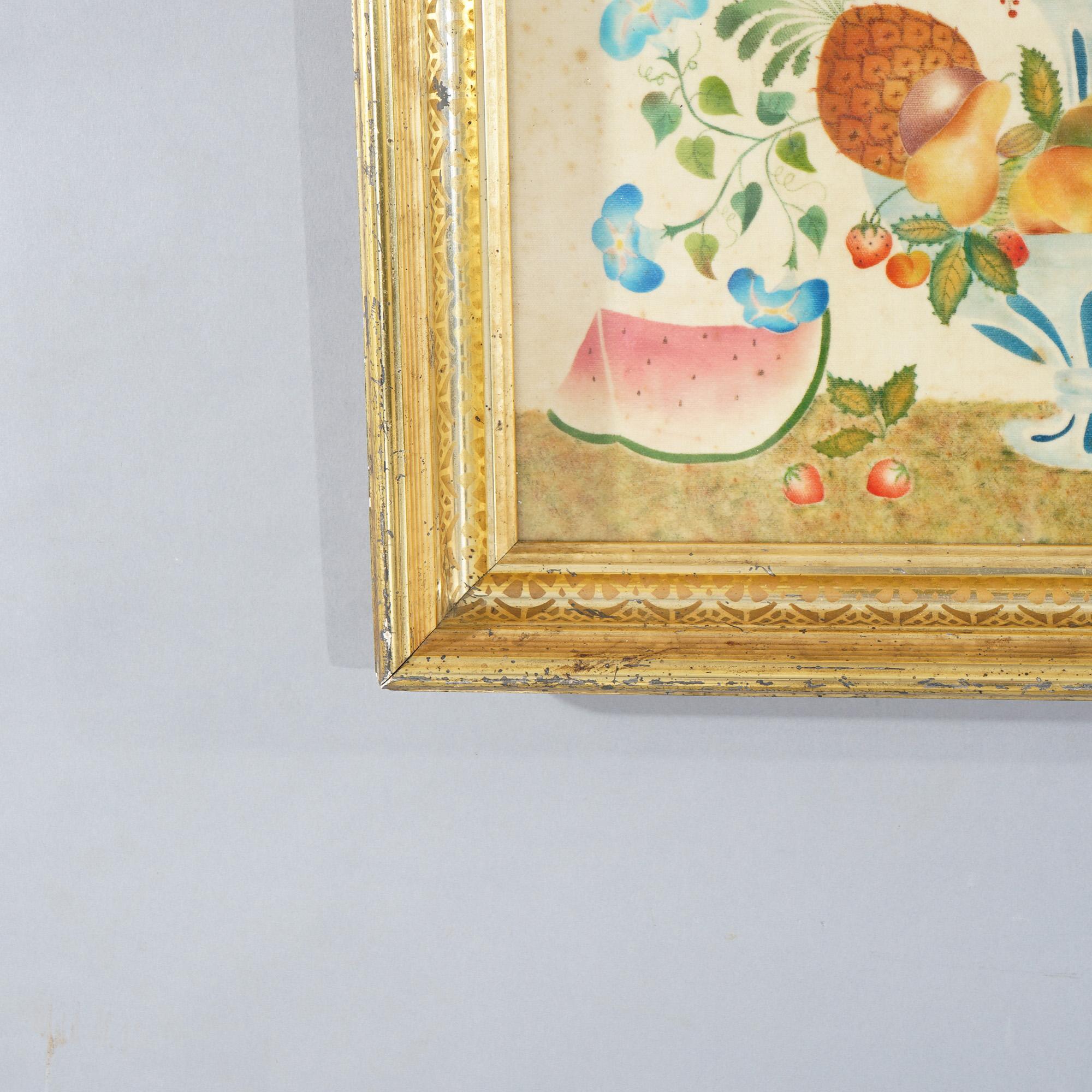 19th Century Antique Victorian Still Life Theorem with Fruit & Butterflies C1850