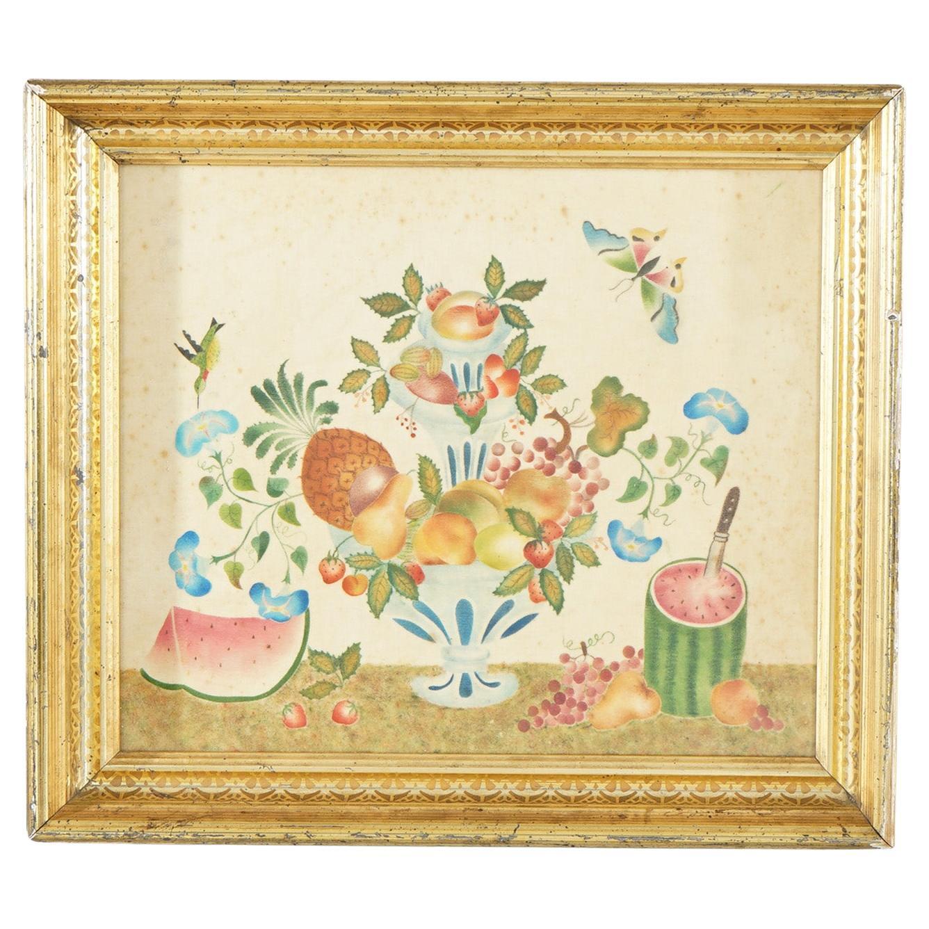 Antique Victorian Still Life Theorem with Fruit & Butterflies C1850 For Sale