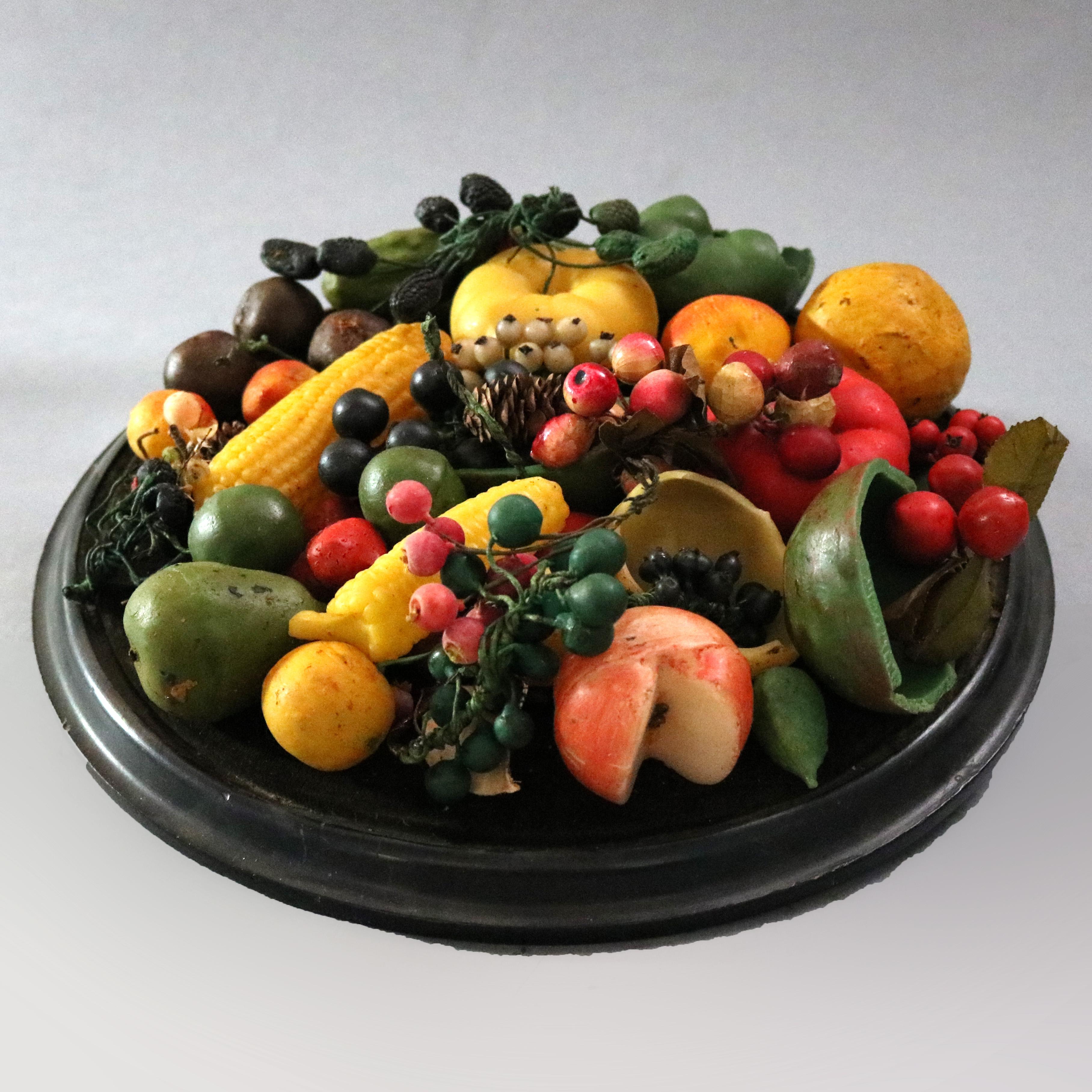 Antique Victorian Still Life Wax Fruit Arrangement under Glass Dome, circa 1880 In Good Condition In Big Flats, NY