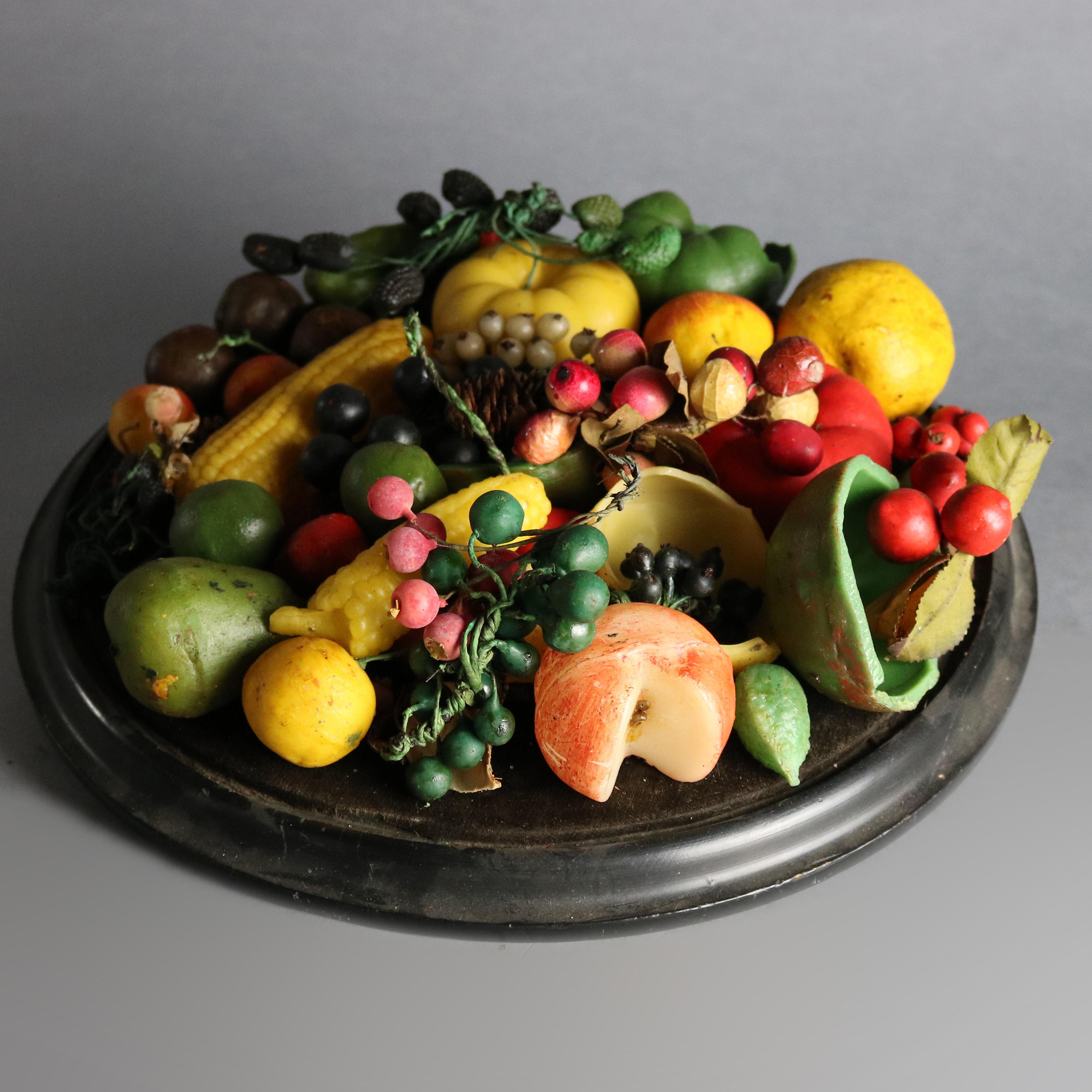 19th Century Antique Victorian Still Life Wax Fruit Arrangement under Glass Dome, circa 1880