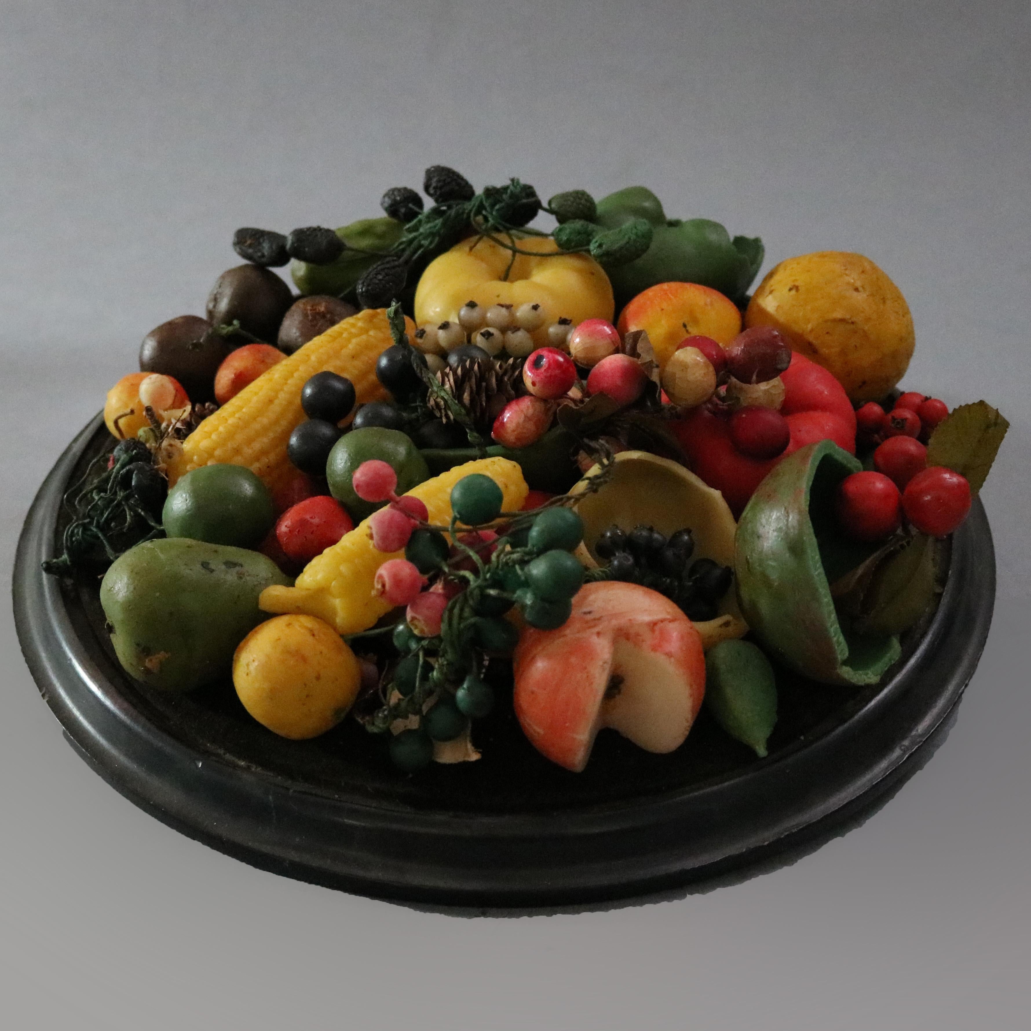 Antique Victorian Still Life Wax Fruit Arrangement under Glass Dome, circa 1880 1