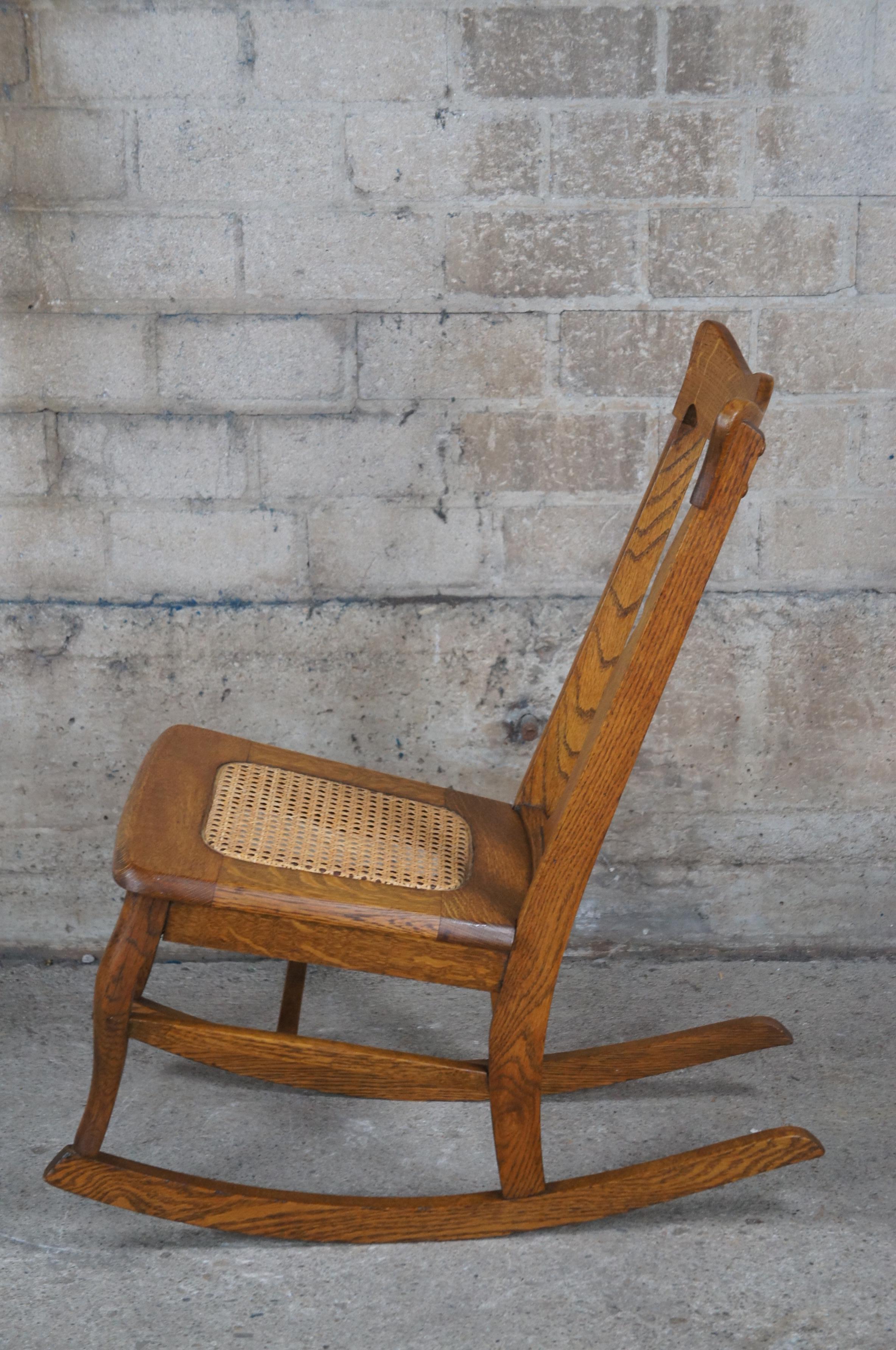 19th Century Antique Victorian Stomps Burkhardt Quartersawn Oak Caned Rocker Rocking Chair For Sale