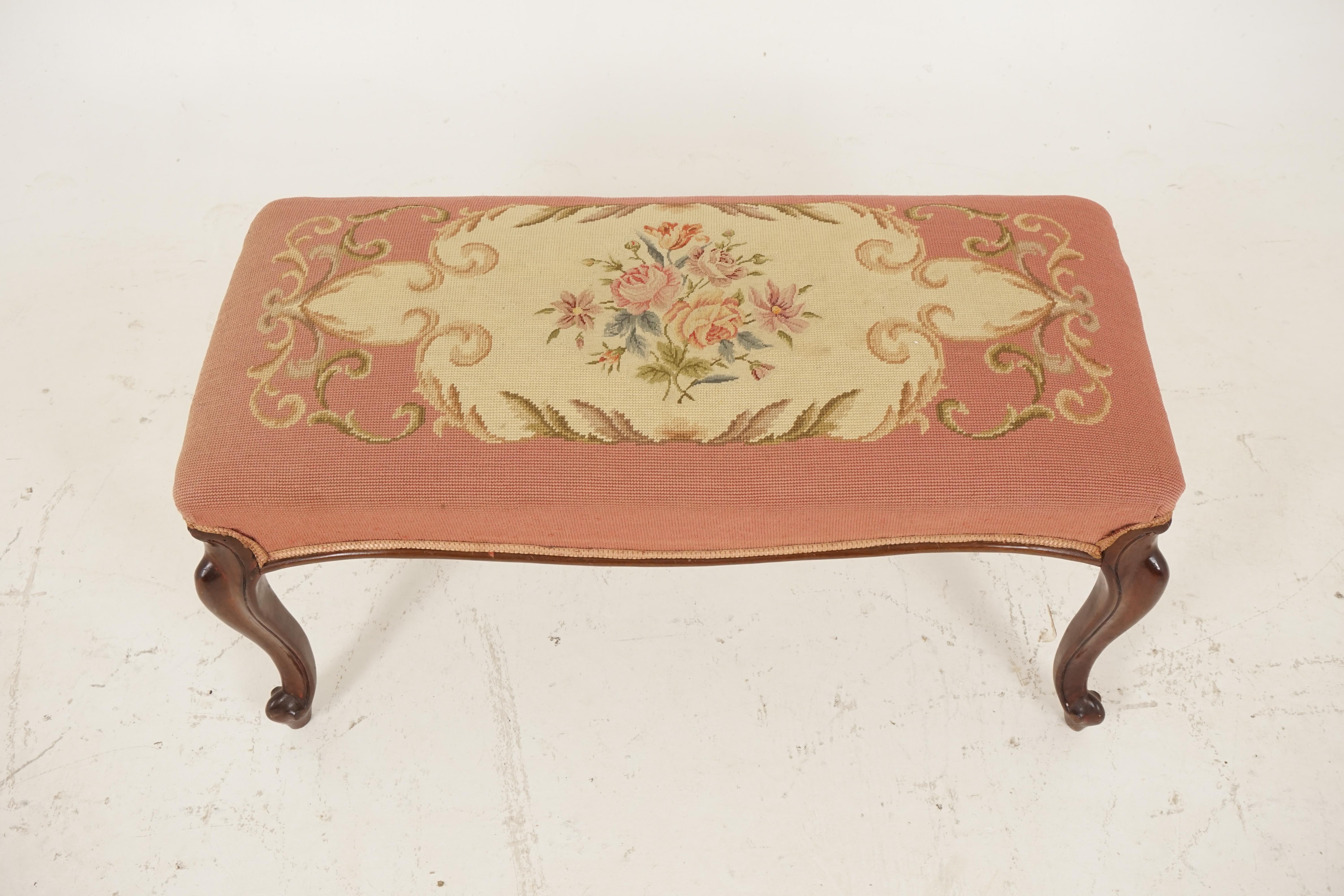 Antique Victorian Stool Bench, Mahogany Needlepoint Stool Bench, Scotland 1890, B2091

Scotland 1890
Solid Mahogany
Original Finish
Having A Floral Medallion In Pink Needlepoint Upholstery To A Moulded Frame
Raised On Four Cabriole Legs
Nice