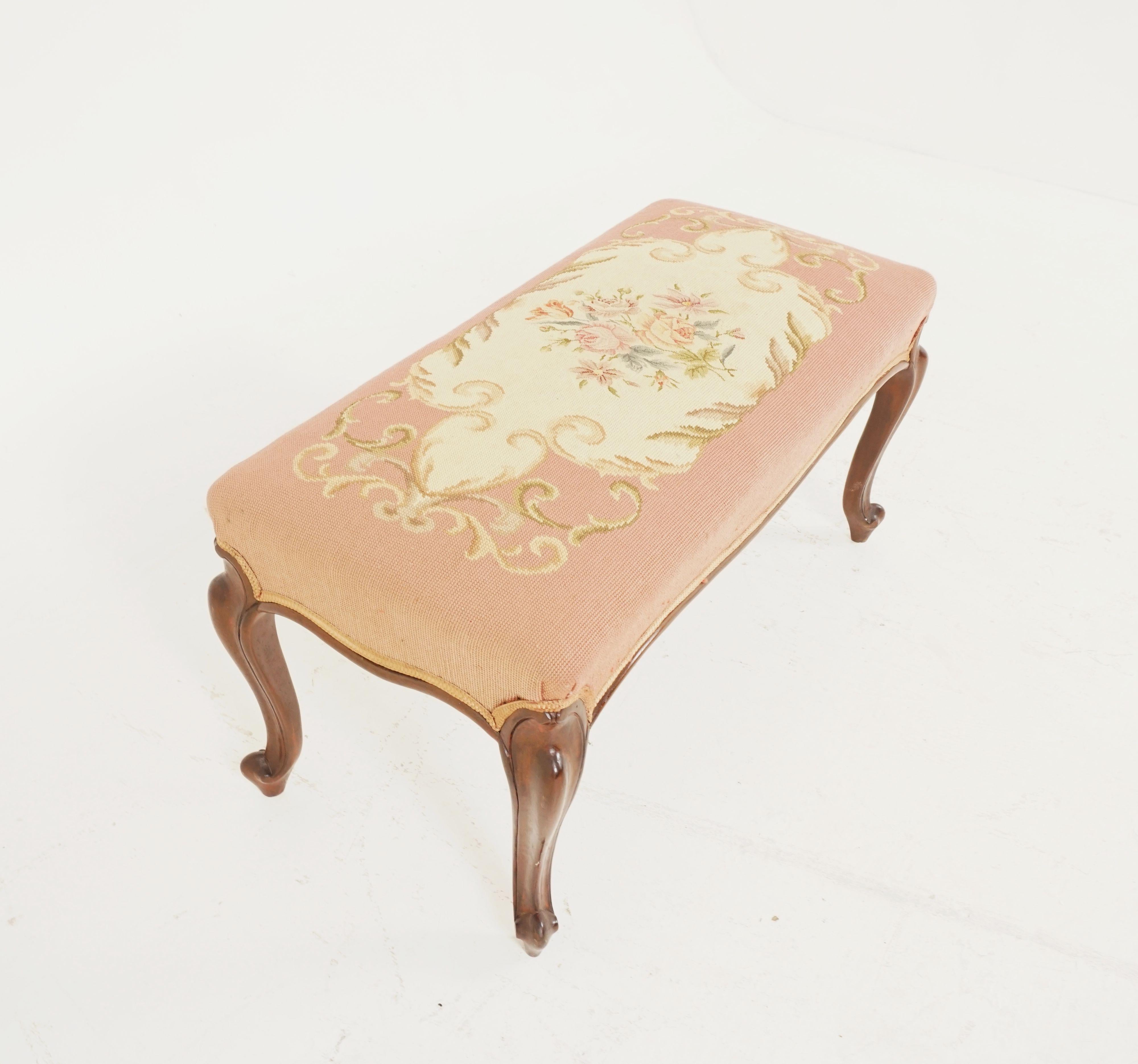 Antique Victorian Stool Bench, Mahogany Needlepoint Stool Bench, Scotland 1890 In Good Condition In Vancouver, BC