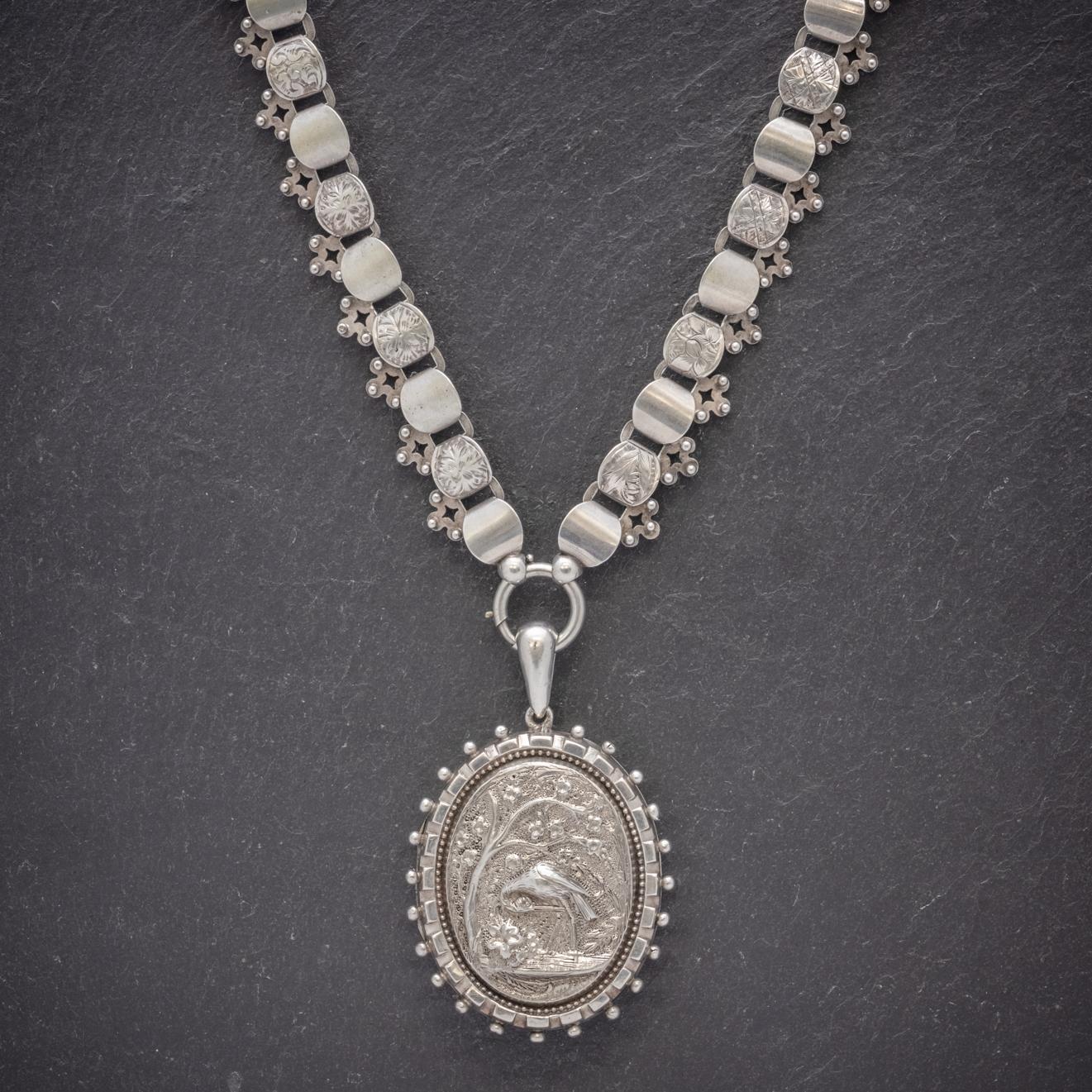 Antique Victorian Stork Locket Collar Sterling Silver Necklace, circa 1900 In Good Condition In Lancaster , GB