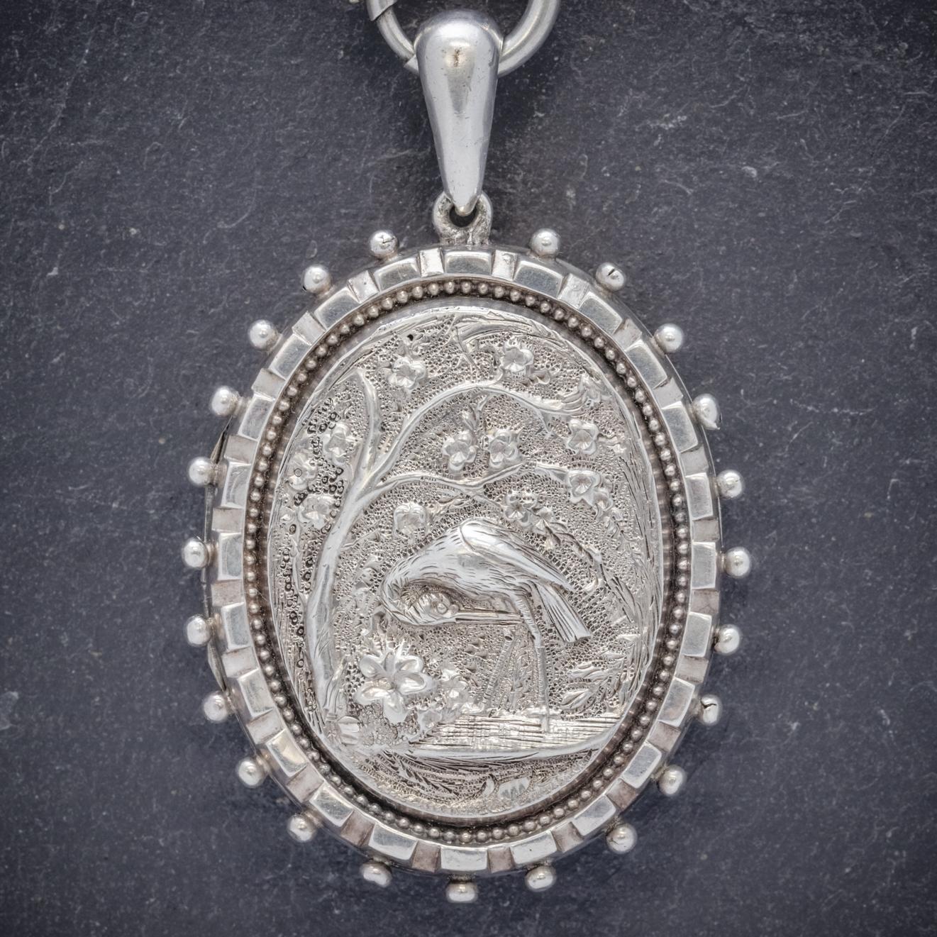 Antique Victorian Stork Locket Collar Sterling Silver Necklace, circa 1900 1