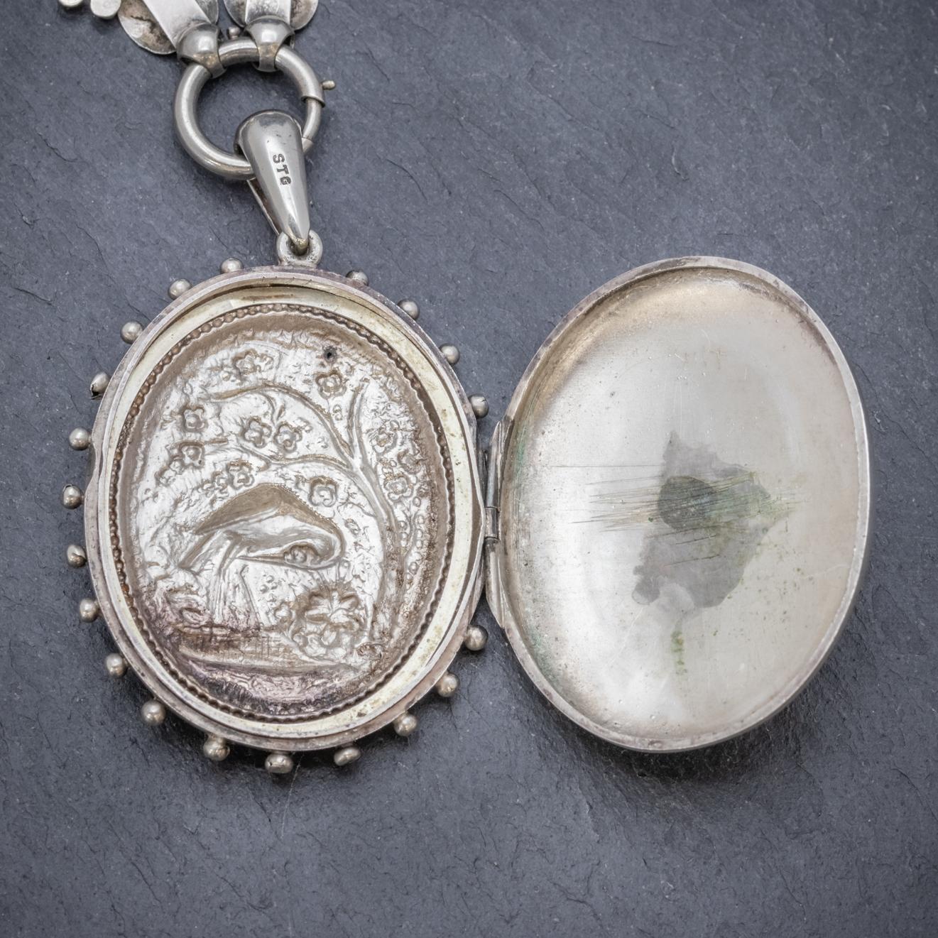 Antique Victorian Stork Locket Collar Sterling Silver Necklace, circa 1900 2