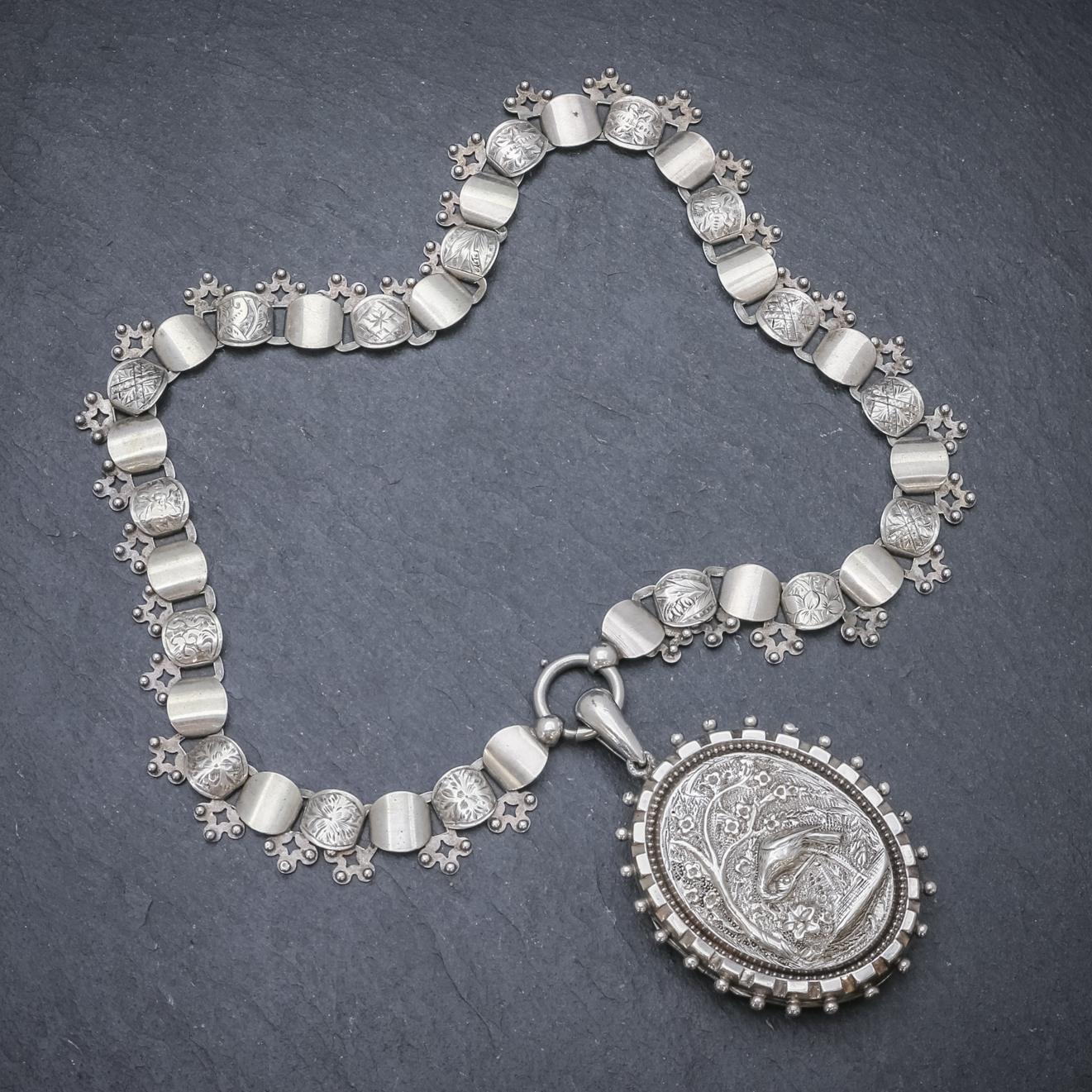 Antique Victorian Stork Locket Collar Sterling Silver Necklace, circa 1900 5