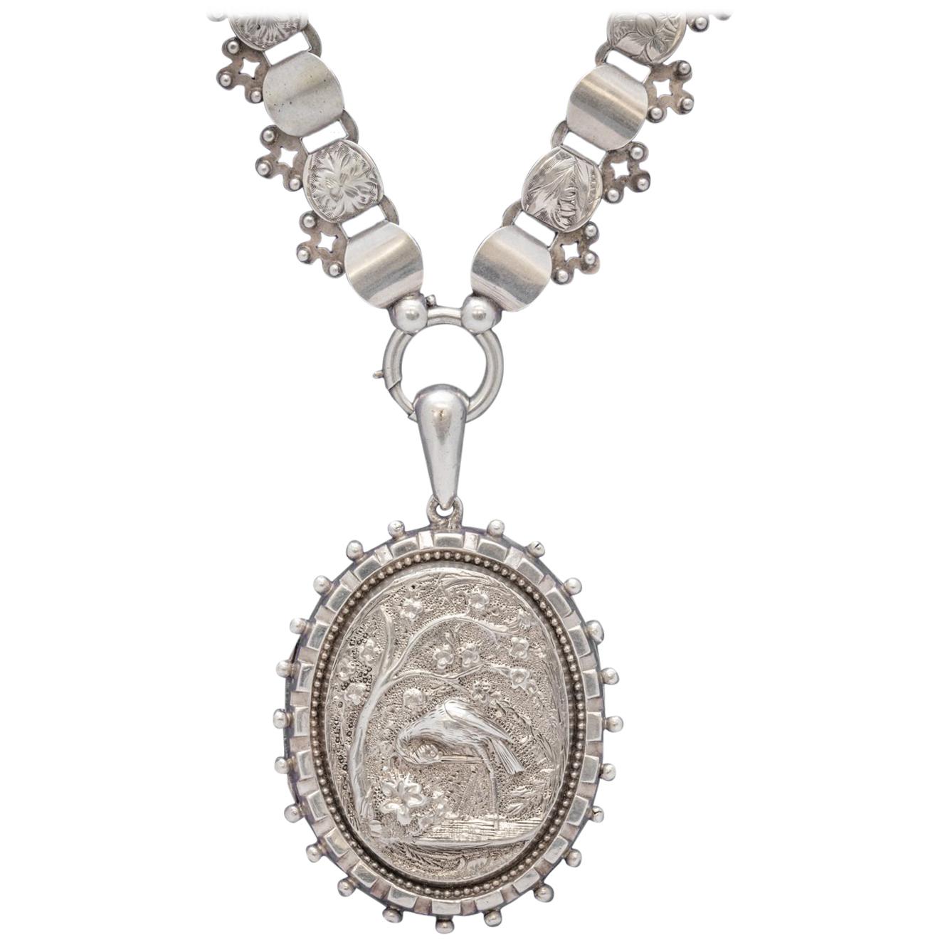 Antique Victorian Stork Locket Collar Sterling Silver Necklace, circa 1900