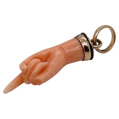 Antique Victorian Style Carved Coral & 14k Gold Pointing Hand Charm / Pendant
