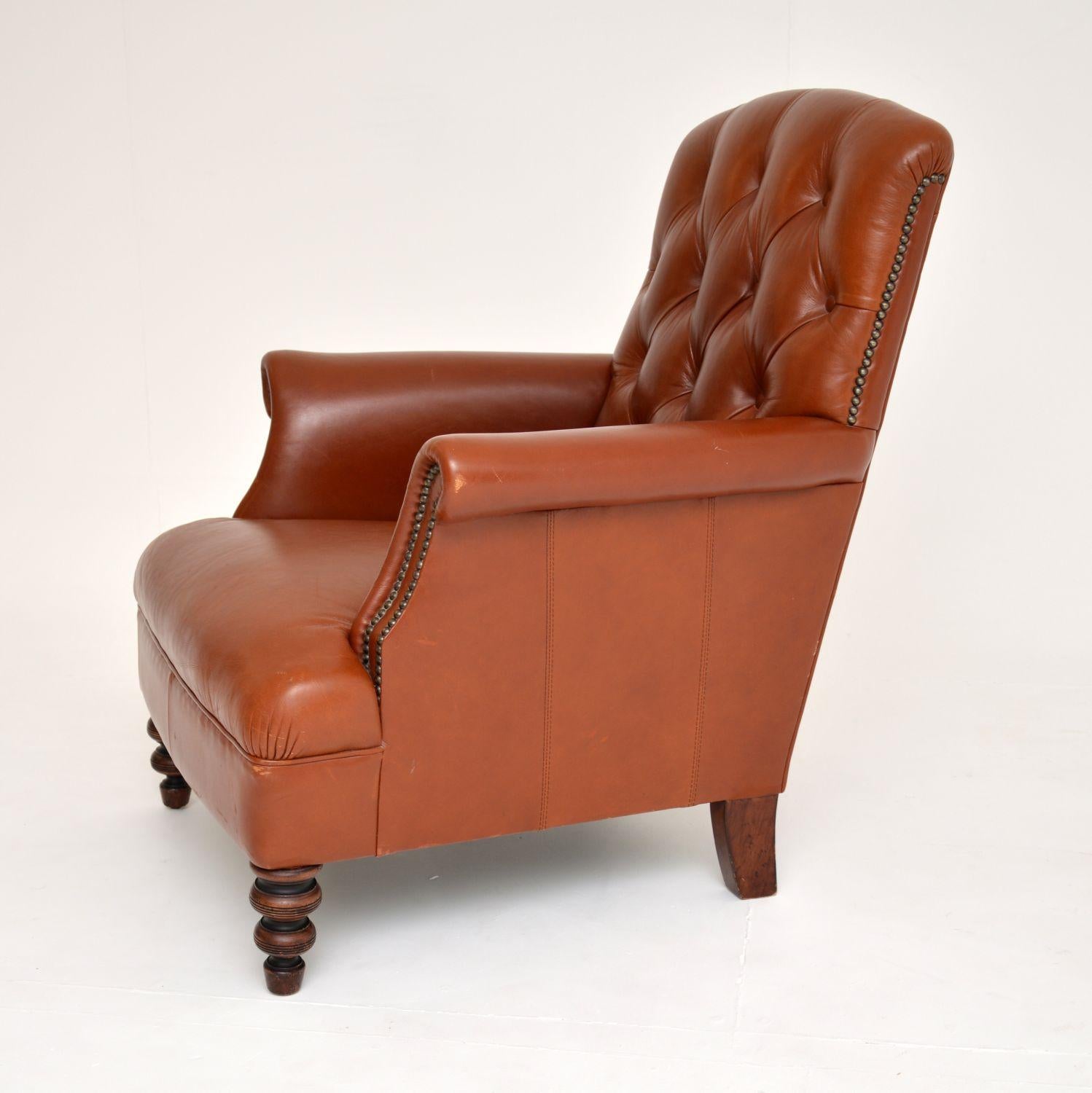English Antique Victorian Style Deep Buttoned Leather Armchair