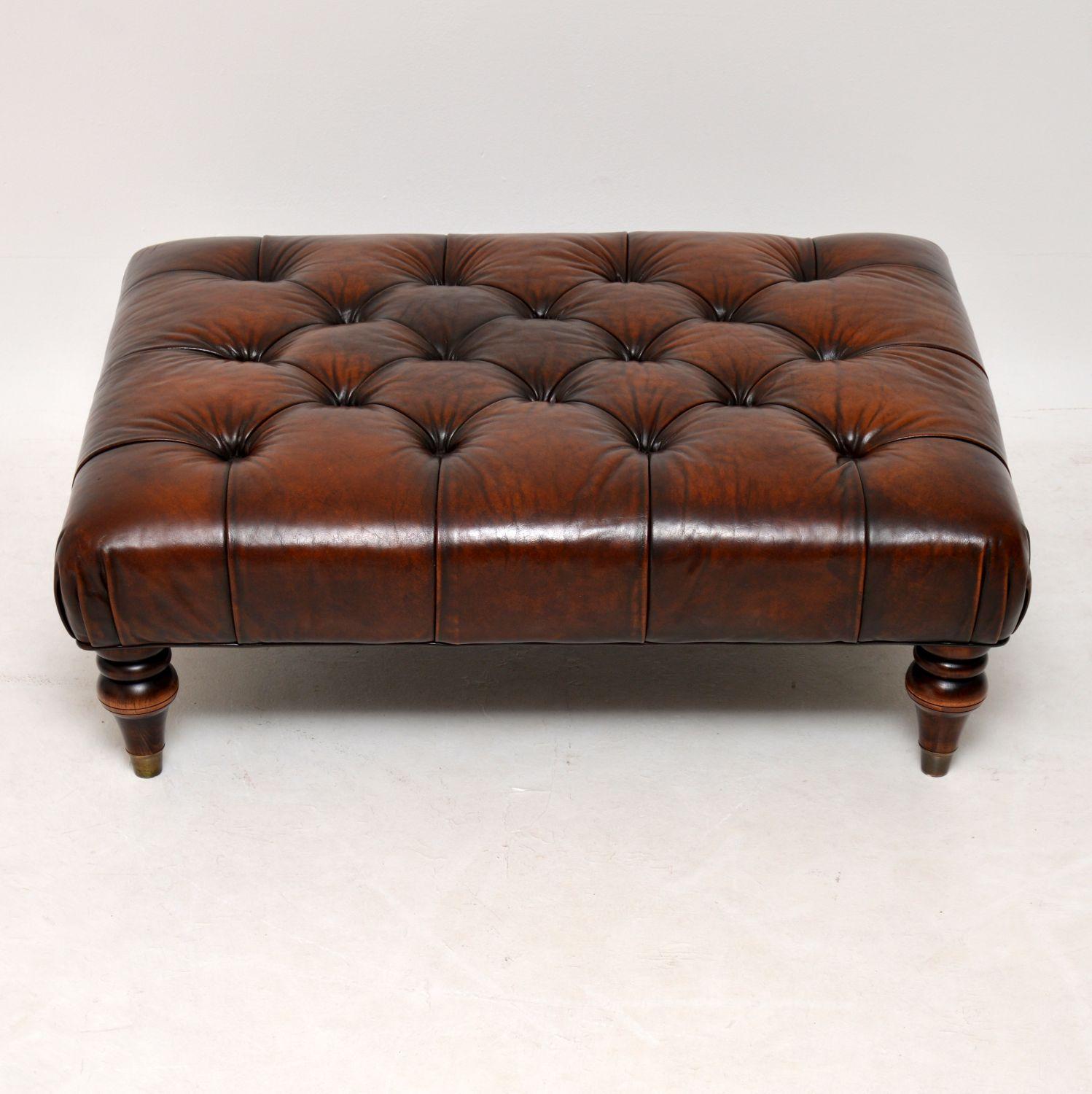 European Antique Victorian Style Deep Buttoned Leather Stool