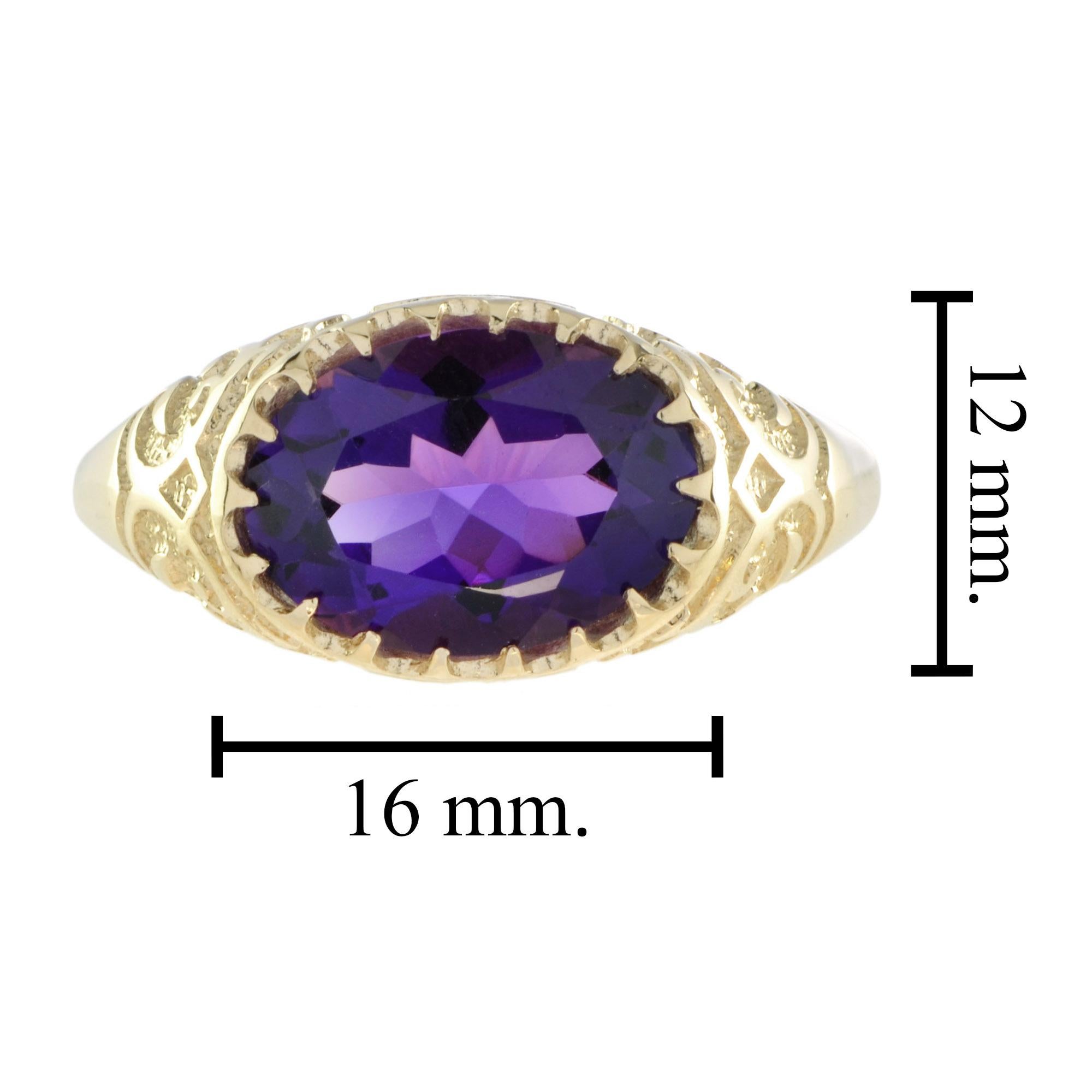Oval Cut Antique Victorian Style Large Amethyst Engraved Ring in 9k Yellow Gold For Sale