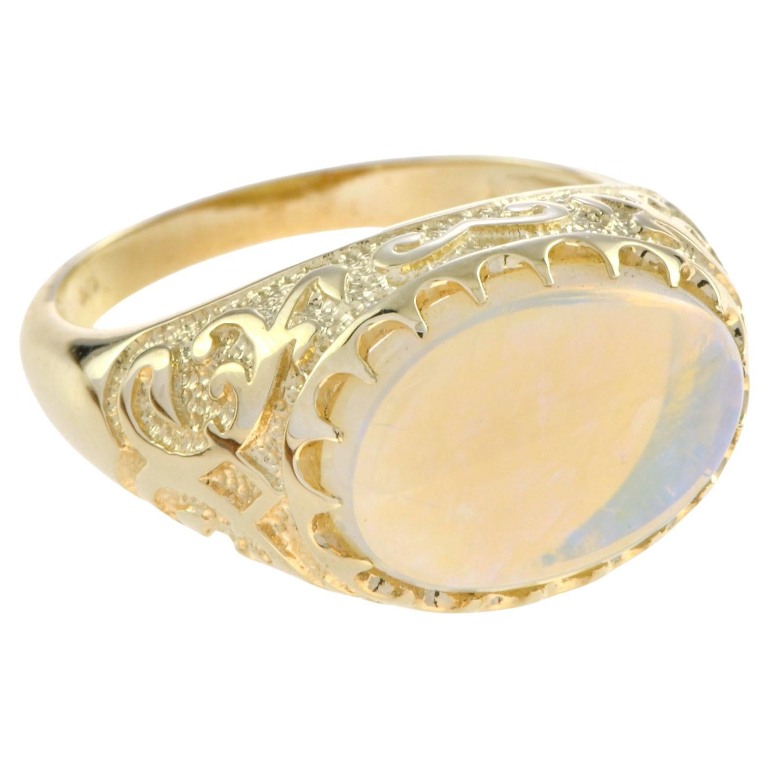 Antique Victorian Style Large Opal Engraved Ring in 9k Yellow Gold For Sale  at 1stDibs