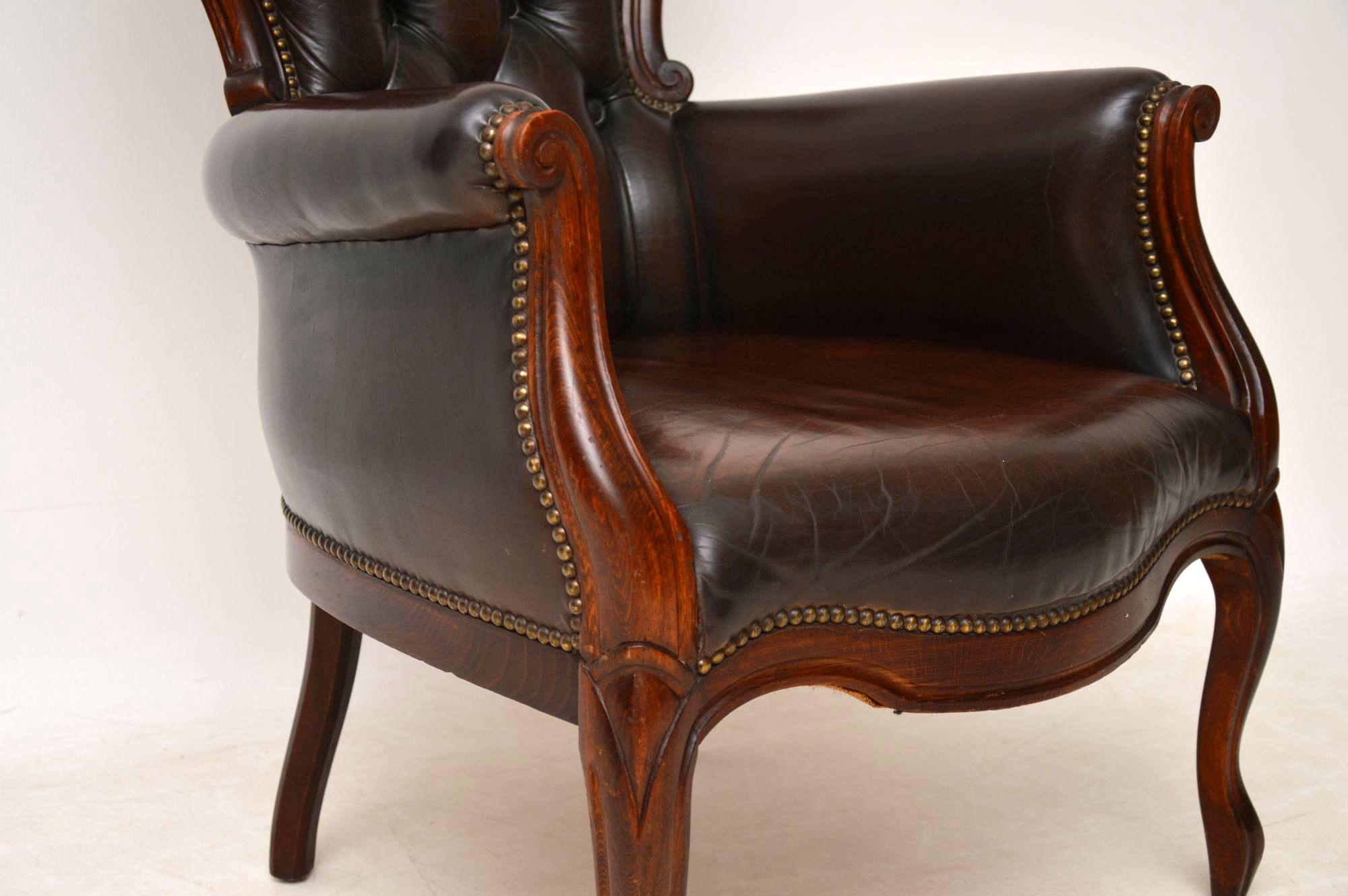 Antique Victorian Style Leather and Mahogany Armchair 1