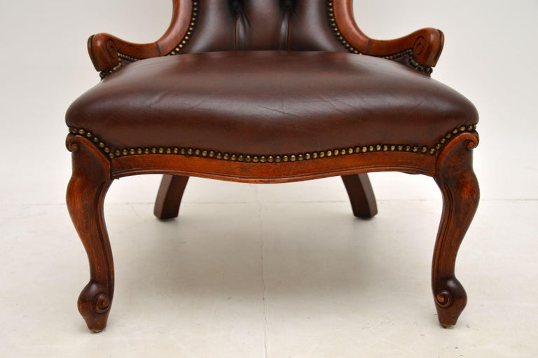 Wood Antique Victorian Style Leather Spoon Back Chair For Sale