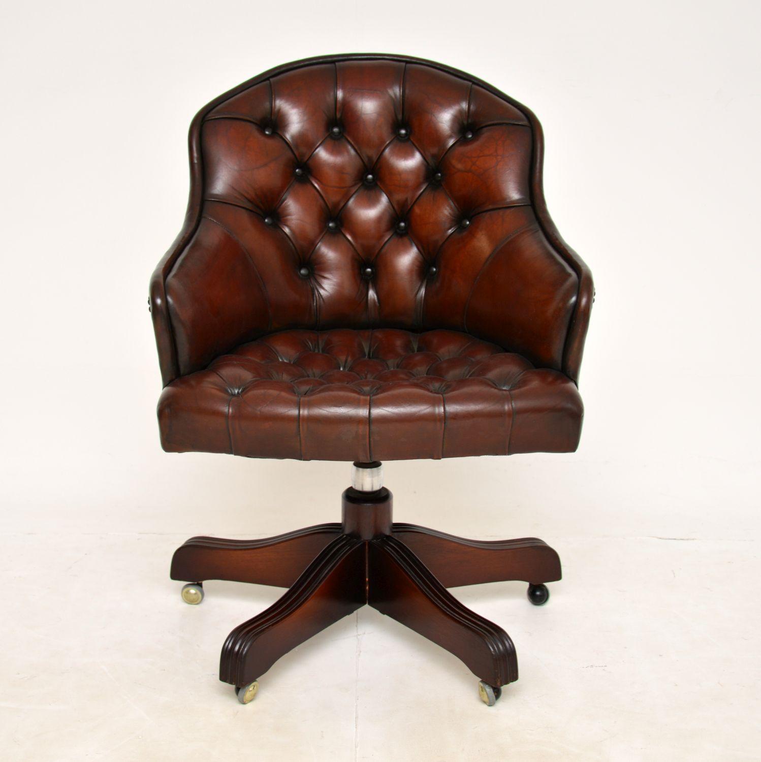 A fantastic deep buttoned leather swivel desk chair in the antique Victorian style. This was made in England, it dates from around the 1950’s period.

The quality is excellent, this is very comfortable and its a useful size. The leather has a