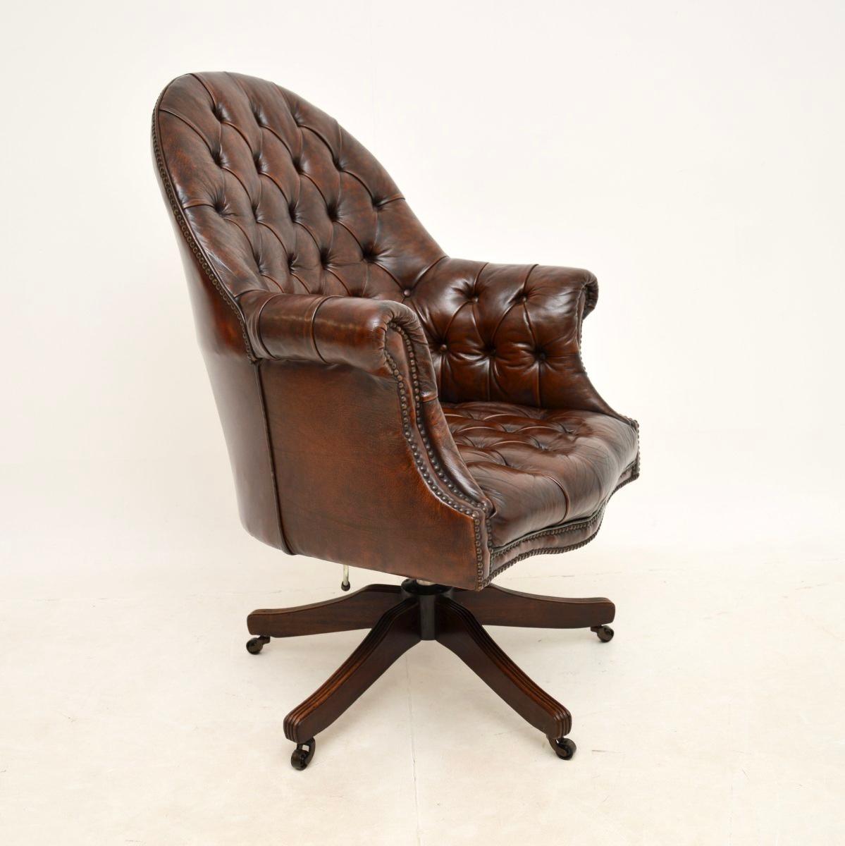 Chesterfield Antique Victorian Style Leather Swivel Desk Chair For Sale