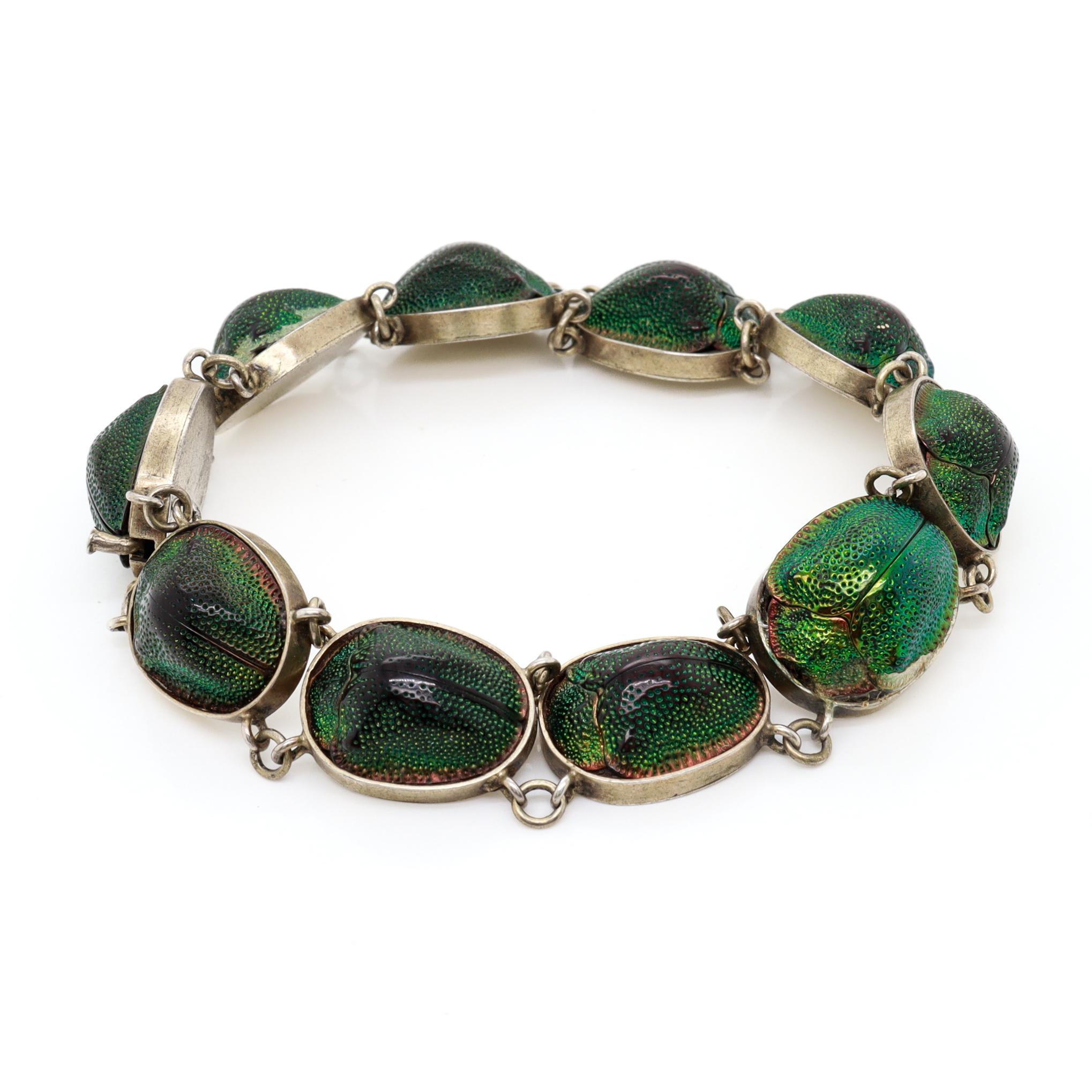 da uomo o donna Bracciale d'argento e conchiglia di scarabeo in stile vittoriano antico in vendita