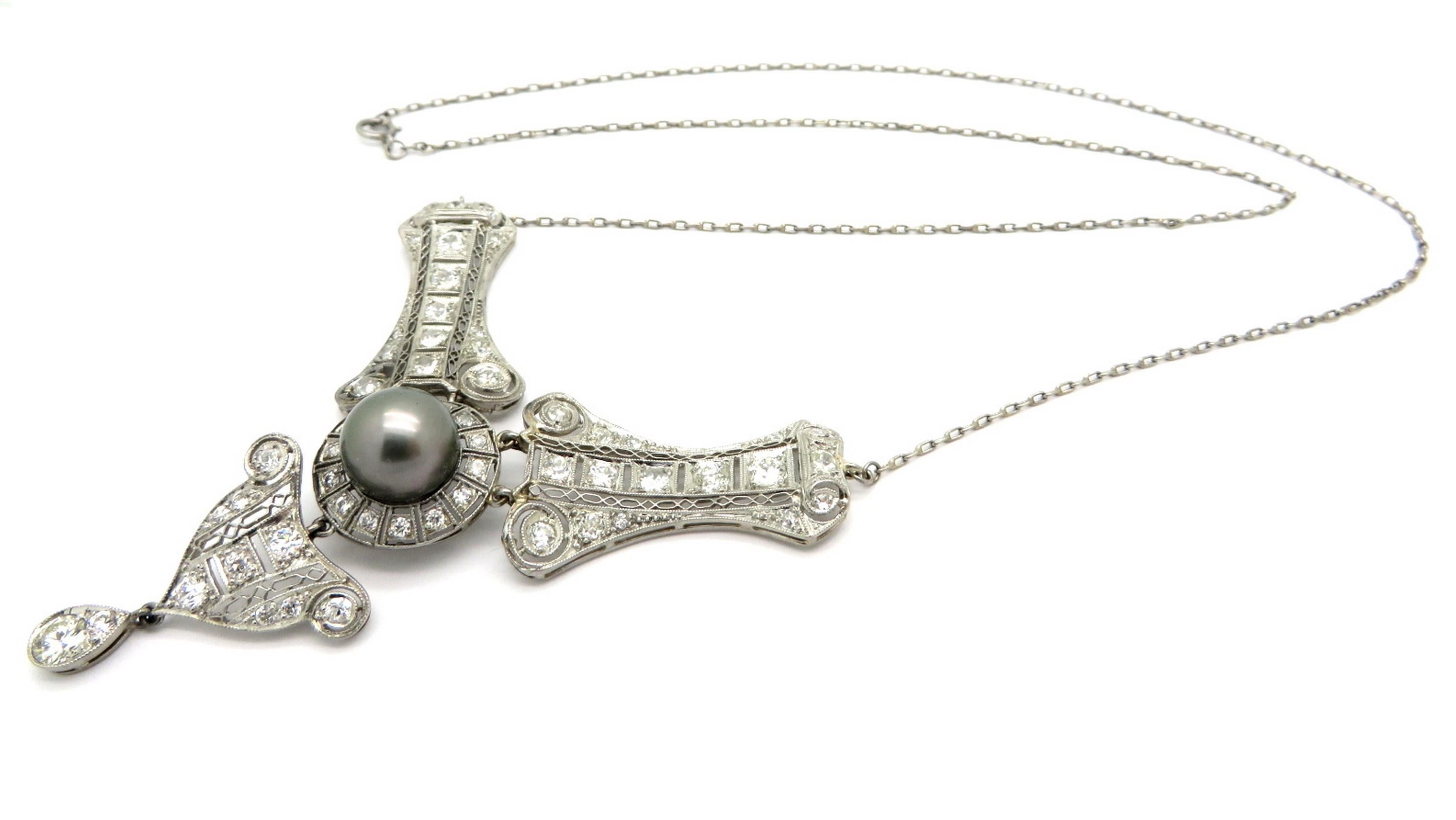 Women's Antique Victorian Style Tahitian Pearl and Diamond Platinum Necklace For Sale