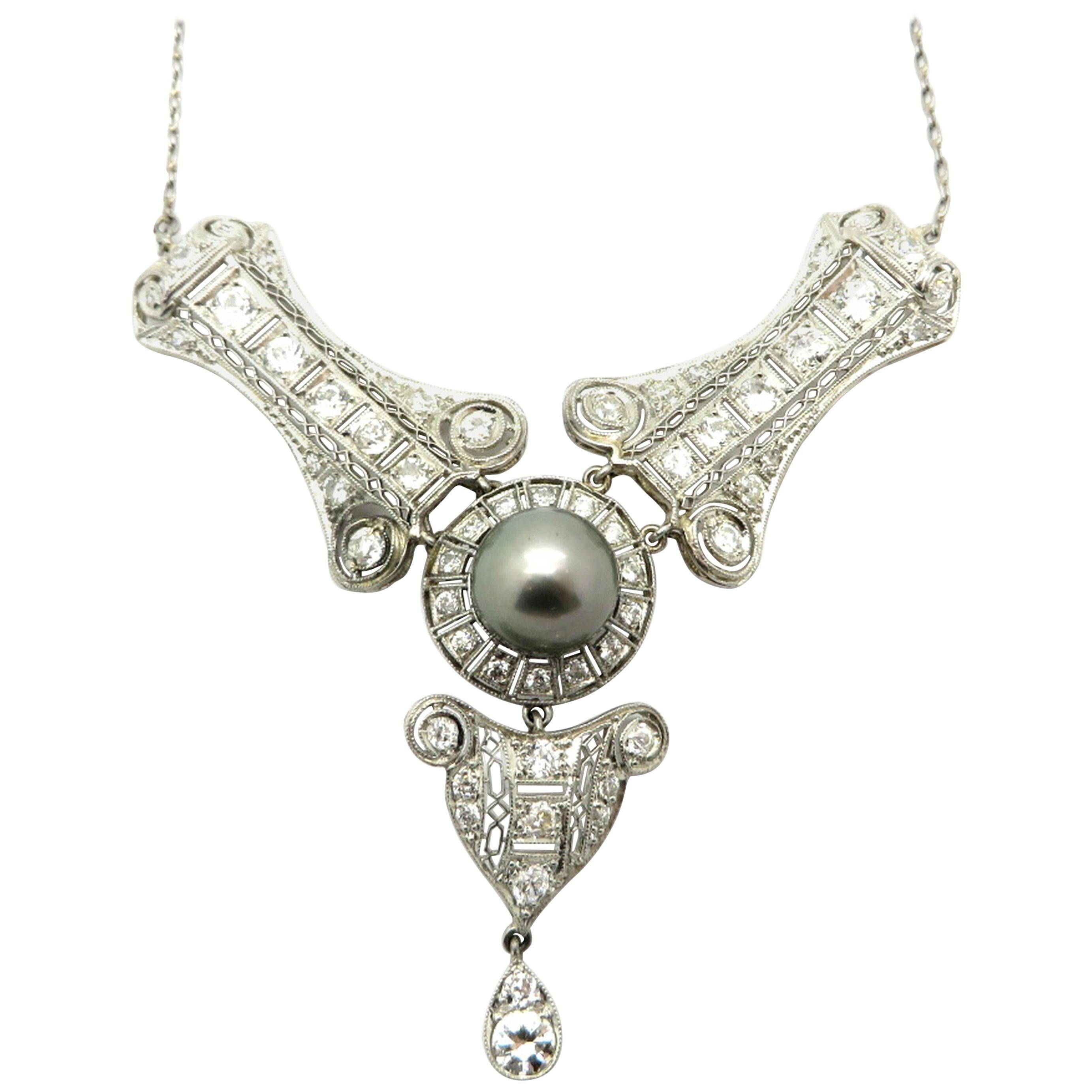Antique Victorian Style Tahitian Pearl and Diamond Platinum Necklace For Sale