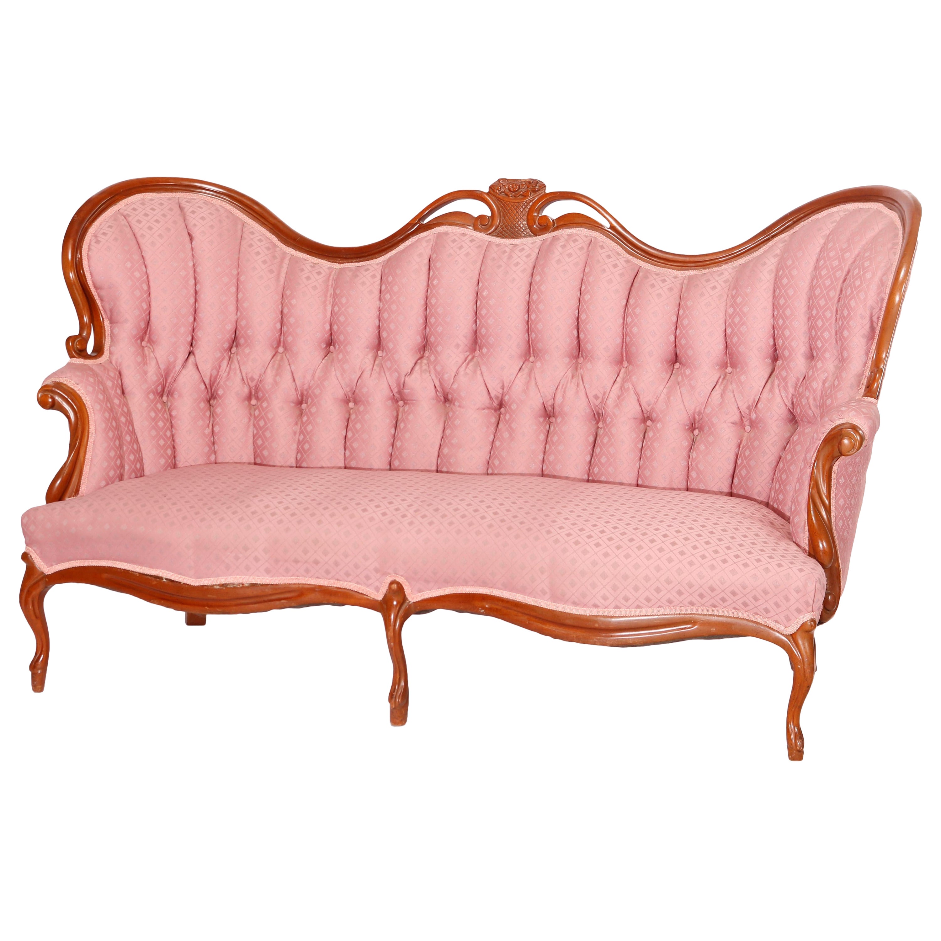 Antique Victorian Style Walnut & Tufted Camel Back Sofa, Circa 1920