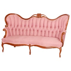 Antique Victorian Style Walnut & Tufted Camel Back Sofa, Circa 1920