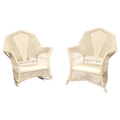 Antique Victorian White Painted Wicker Chair and Rocker - Pair