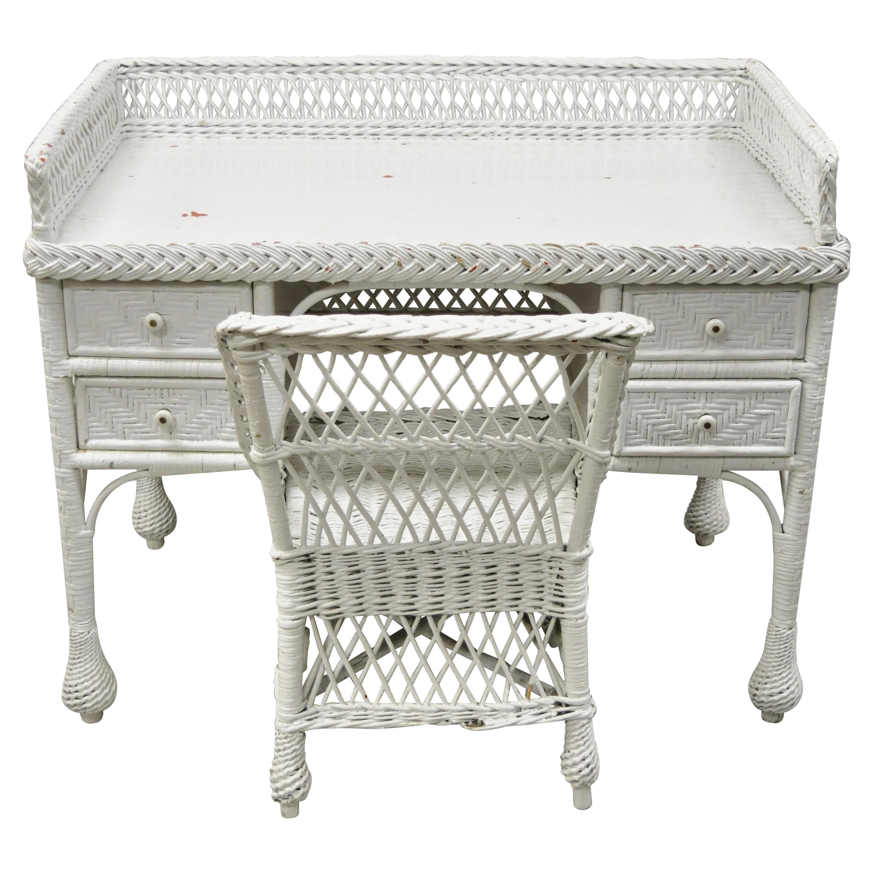 Antique Victorian Style White Wicker Vanity Desk with Drawers and Chair Set
