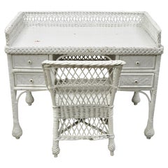 Antique Victorian Style White Wicker Vanity Desk with Drawers and Chair Set