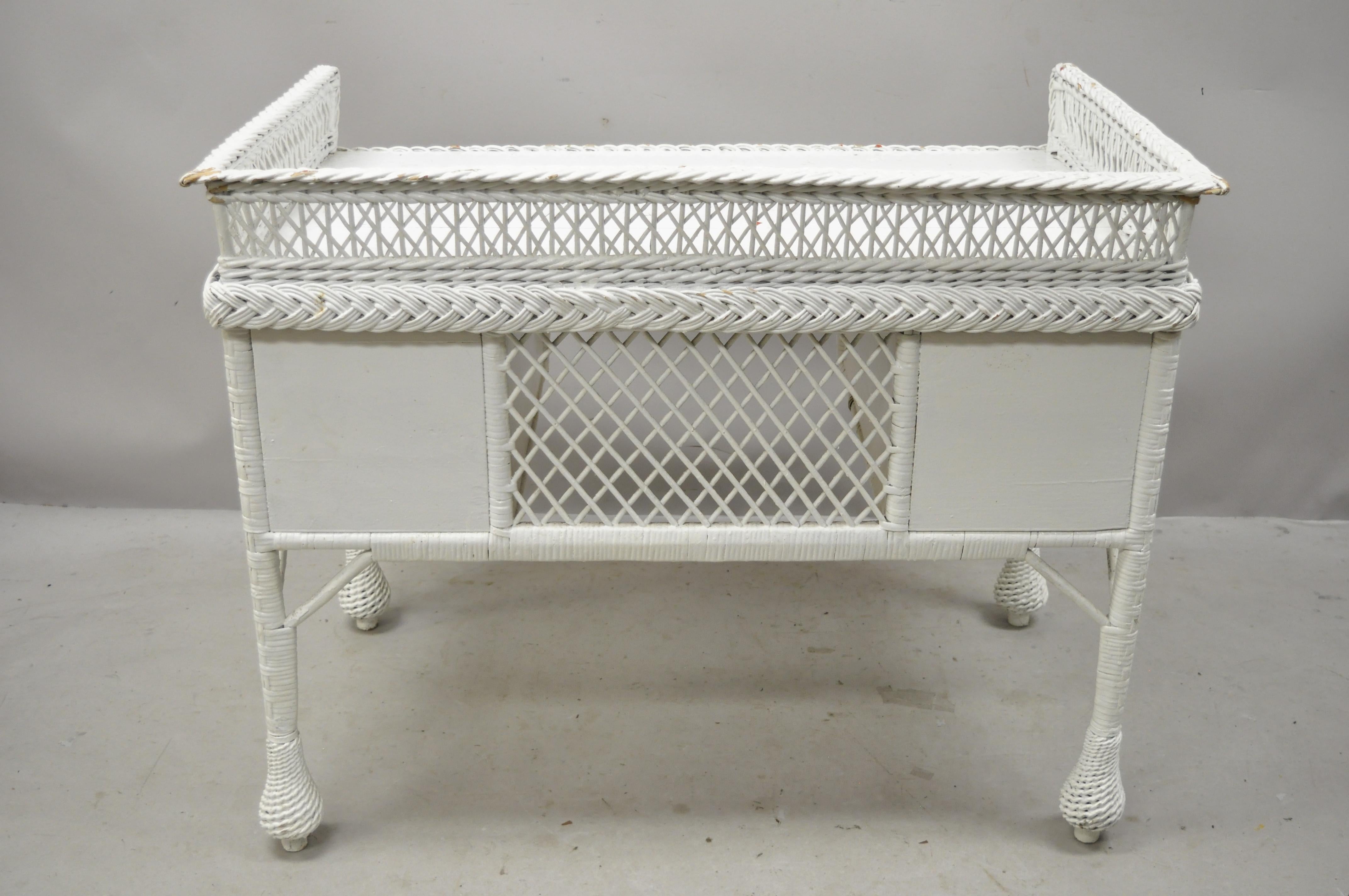 Antique Victorian Style White Wicker Vanity Desk with Drawers and Chair Set 2