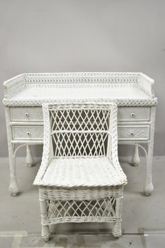 Antique Victorian Style White Wicker Vanity Desk with Drawers and Chair Set