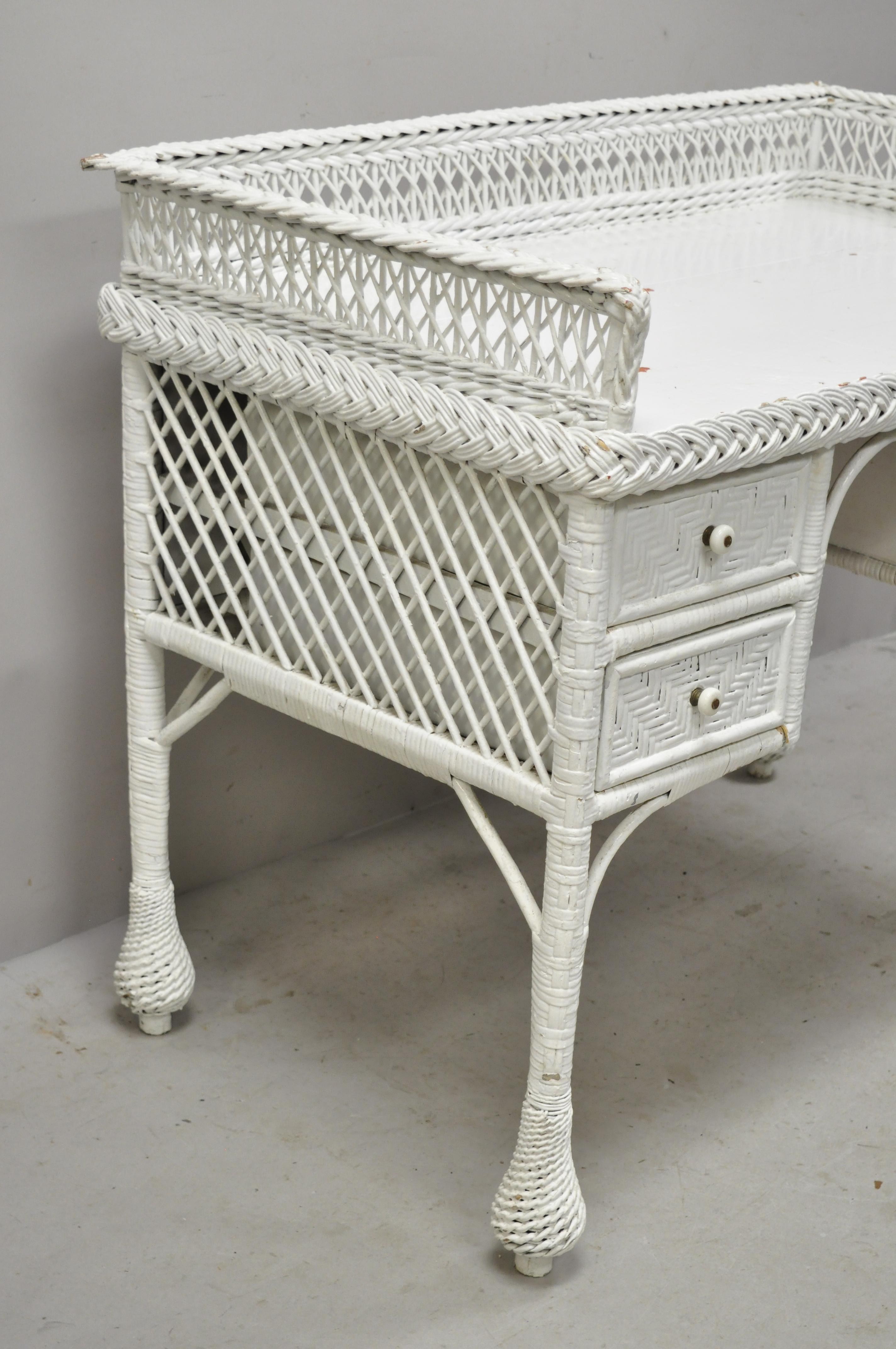 20th Century Antique Victorian Style White Wicker Vanity Desk with Drawers and Chair Set
