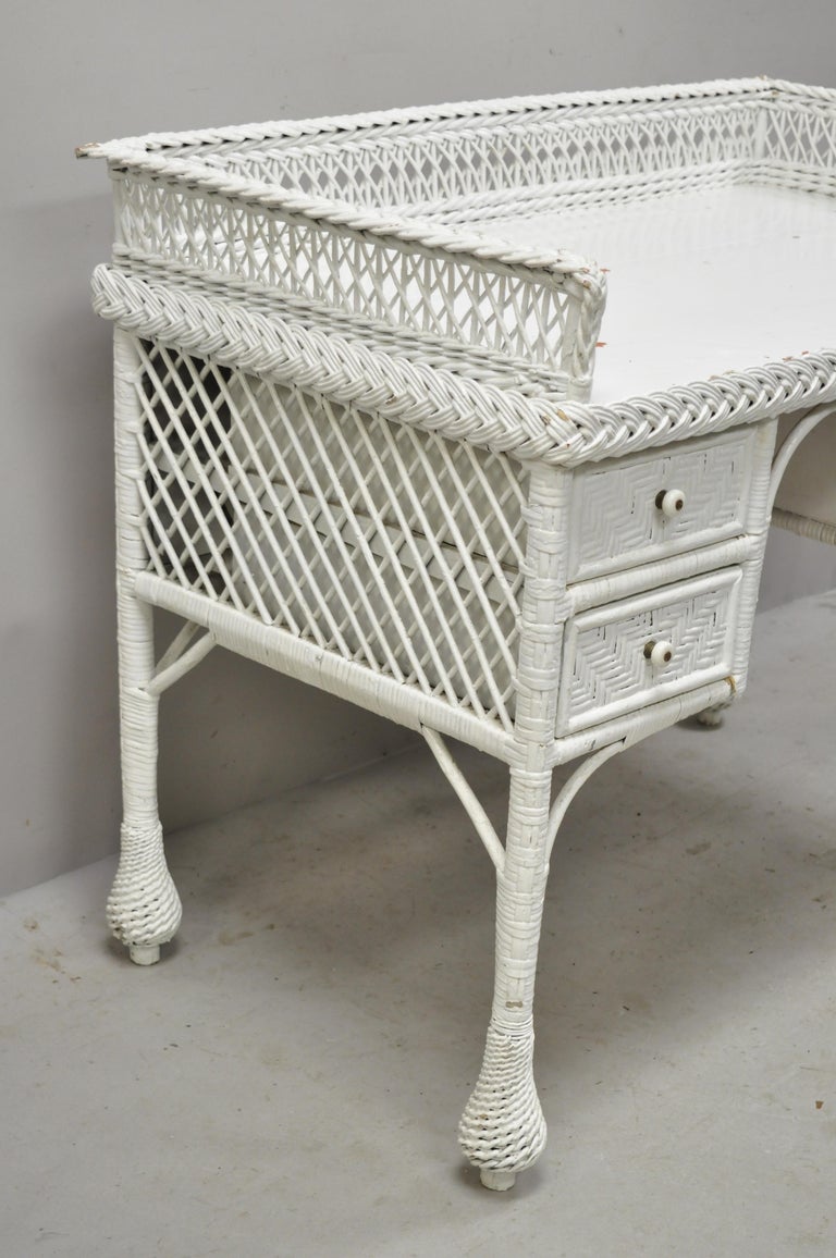 Antique Victorian Style White Wicker Vanity Desk with Drawers and Chair