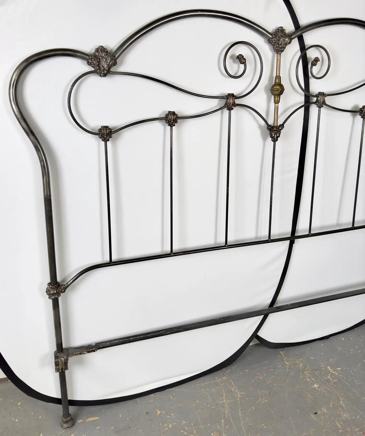 19th Century Antique Victorian Style Wrought Iron & Brass King Size Bed Frame