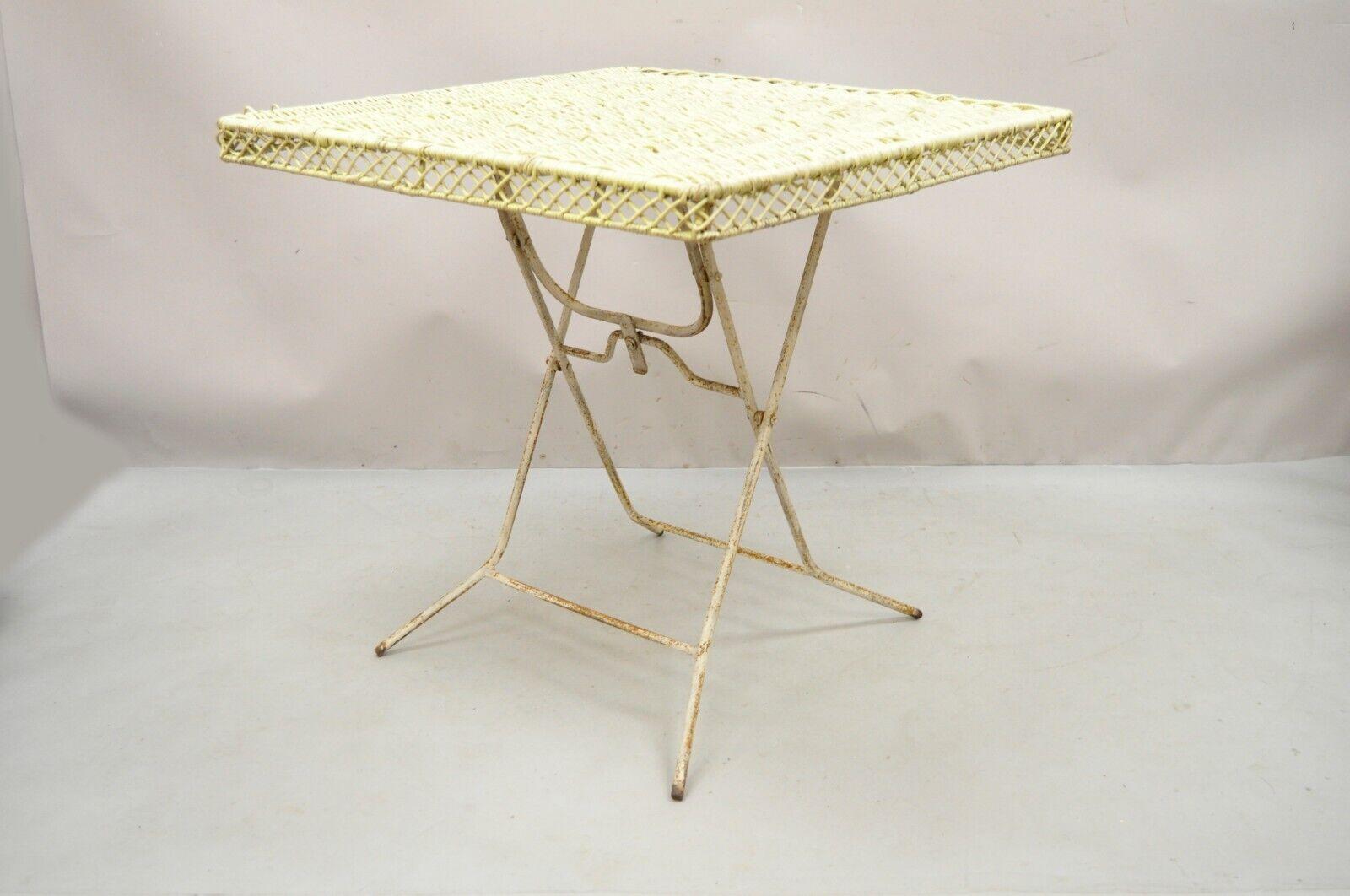 20th Century Antique Victorian Style Wrought Iron Folding Card Game Table Wicker Rattan Top For Sale