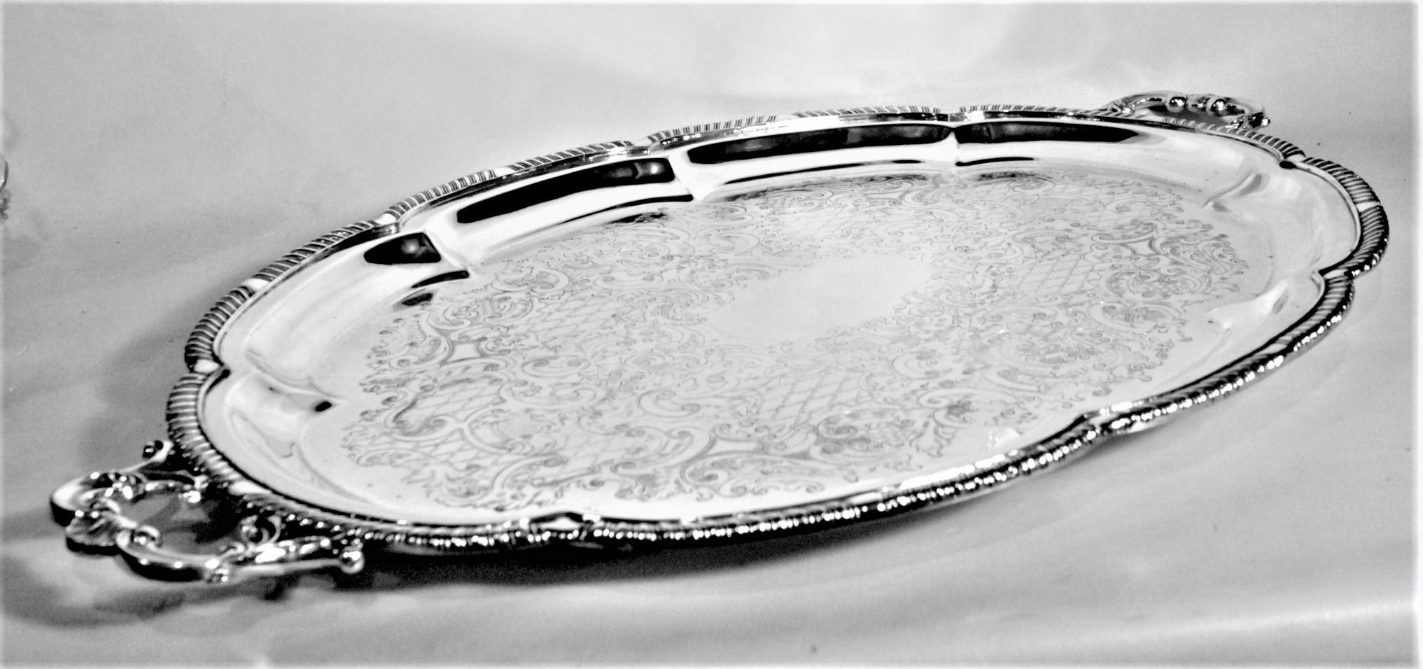 Antique Victorian Styled Scalloped Oval Silver Plated Engraved Serving Tray For Sale 4