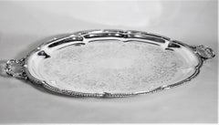 Antique Victorian Styled Scalloped Oval Silver Plated Engraved Serving Tray