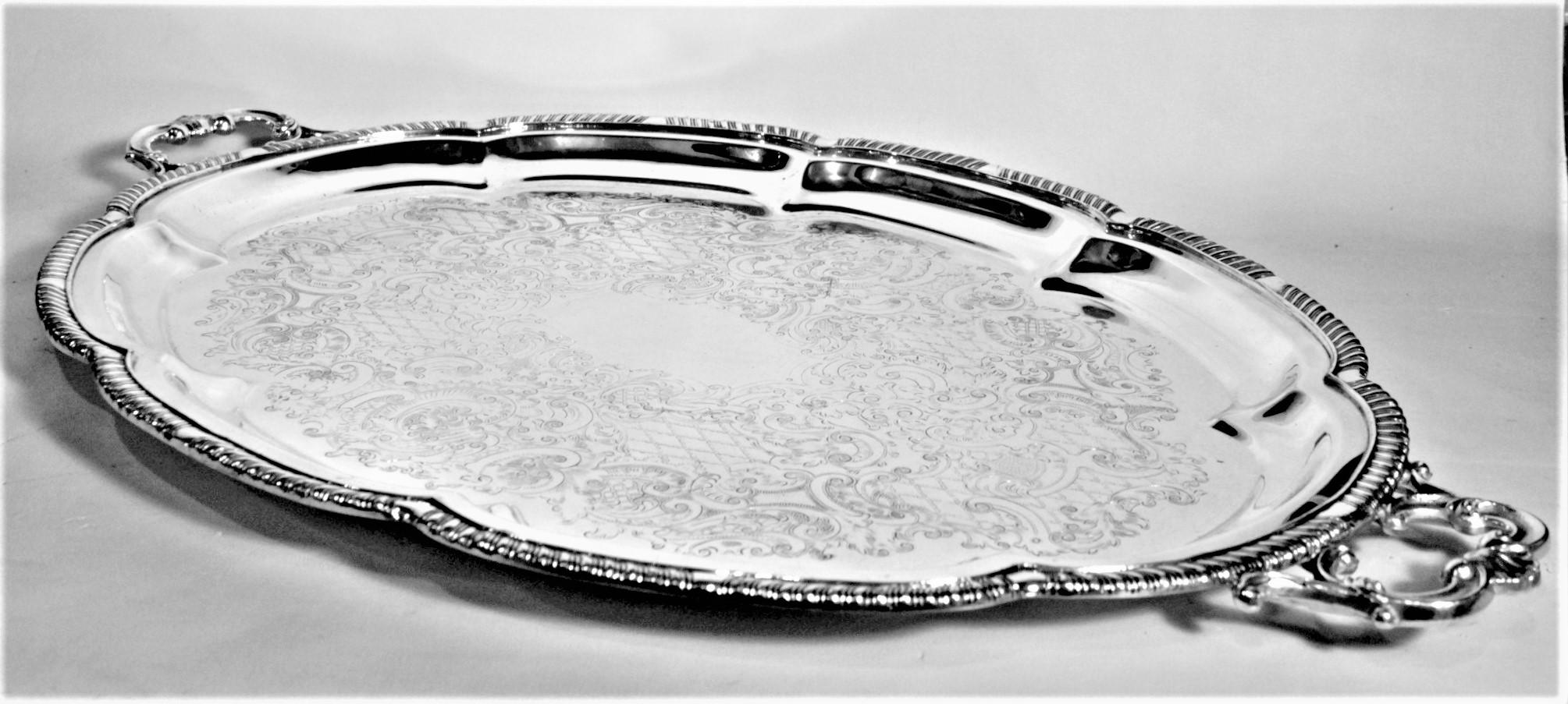 American Antique Victorian Styled Scalloped Oval Silver Plated Engraved Serving Tray For Sale
