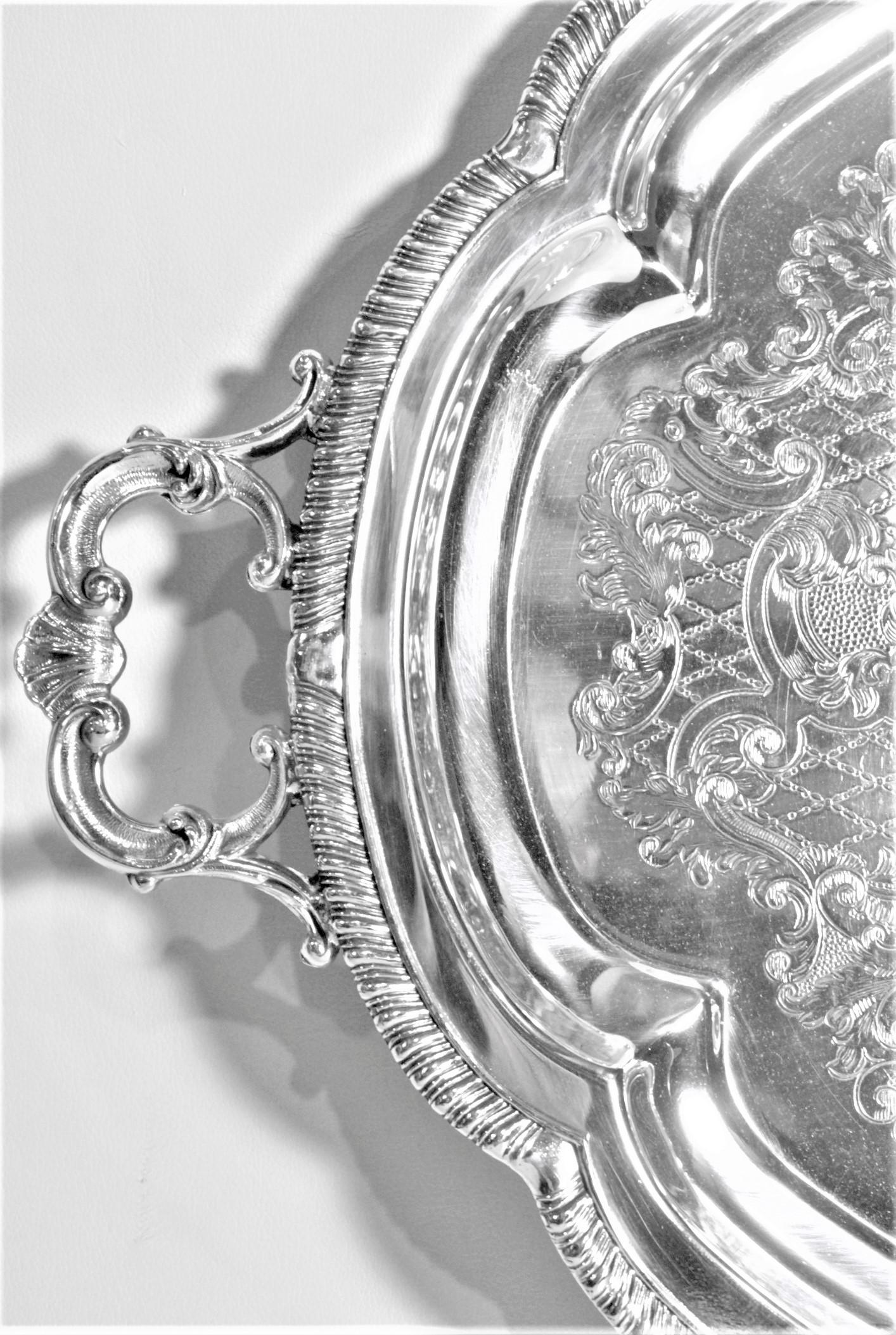 Antique Victorian Styled Scalloped Oval Silver Plated Engraved Serving Tray In Good Condition For Sale In Hamilton, Ontario
