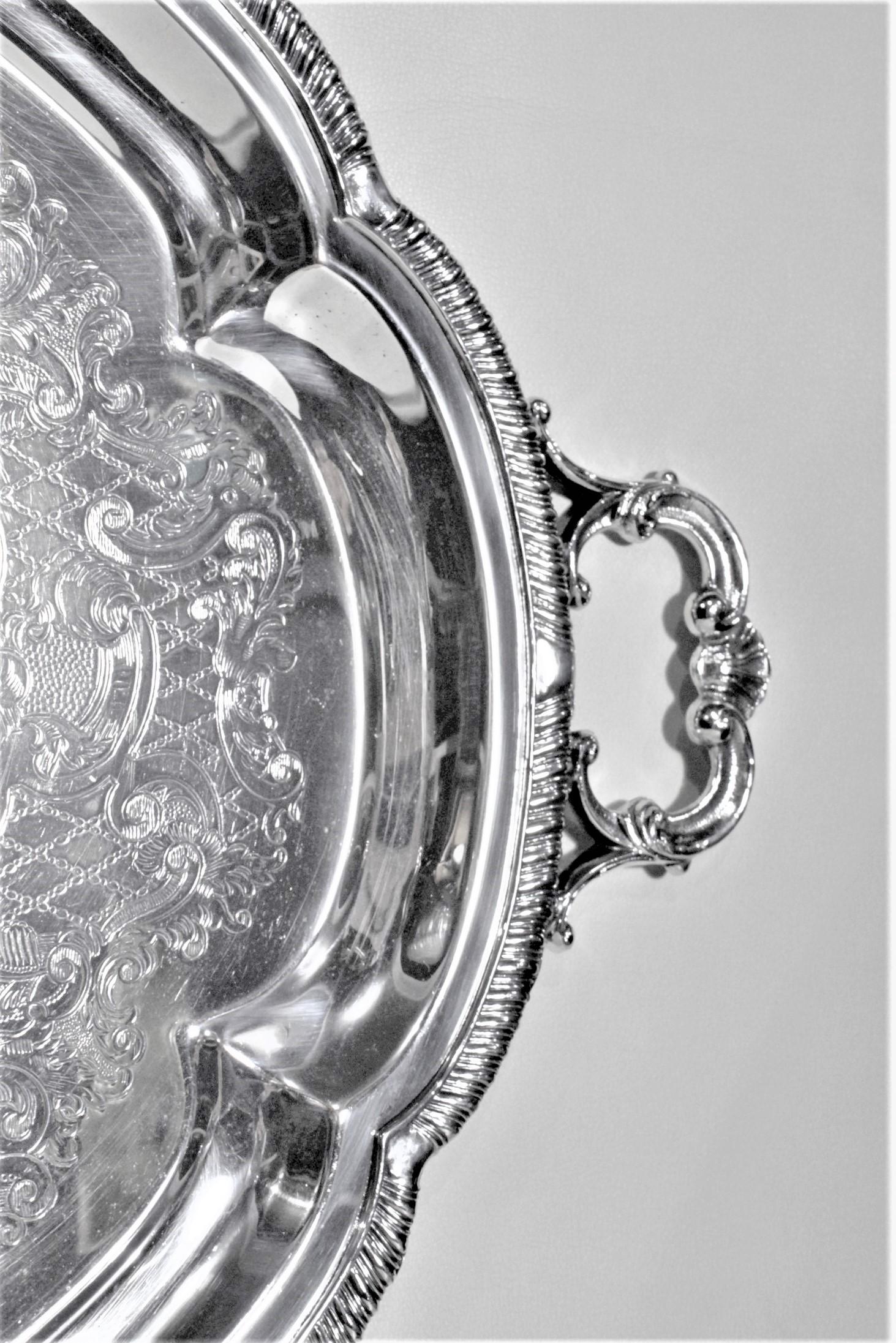 20th Century Antique Victorian Styled Scalloped Oval Silver Plated Engraved Serving Tray For Sale