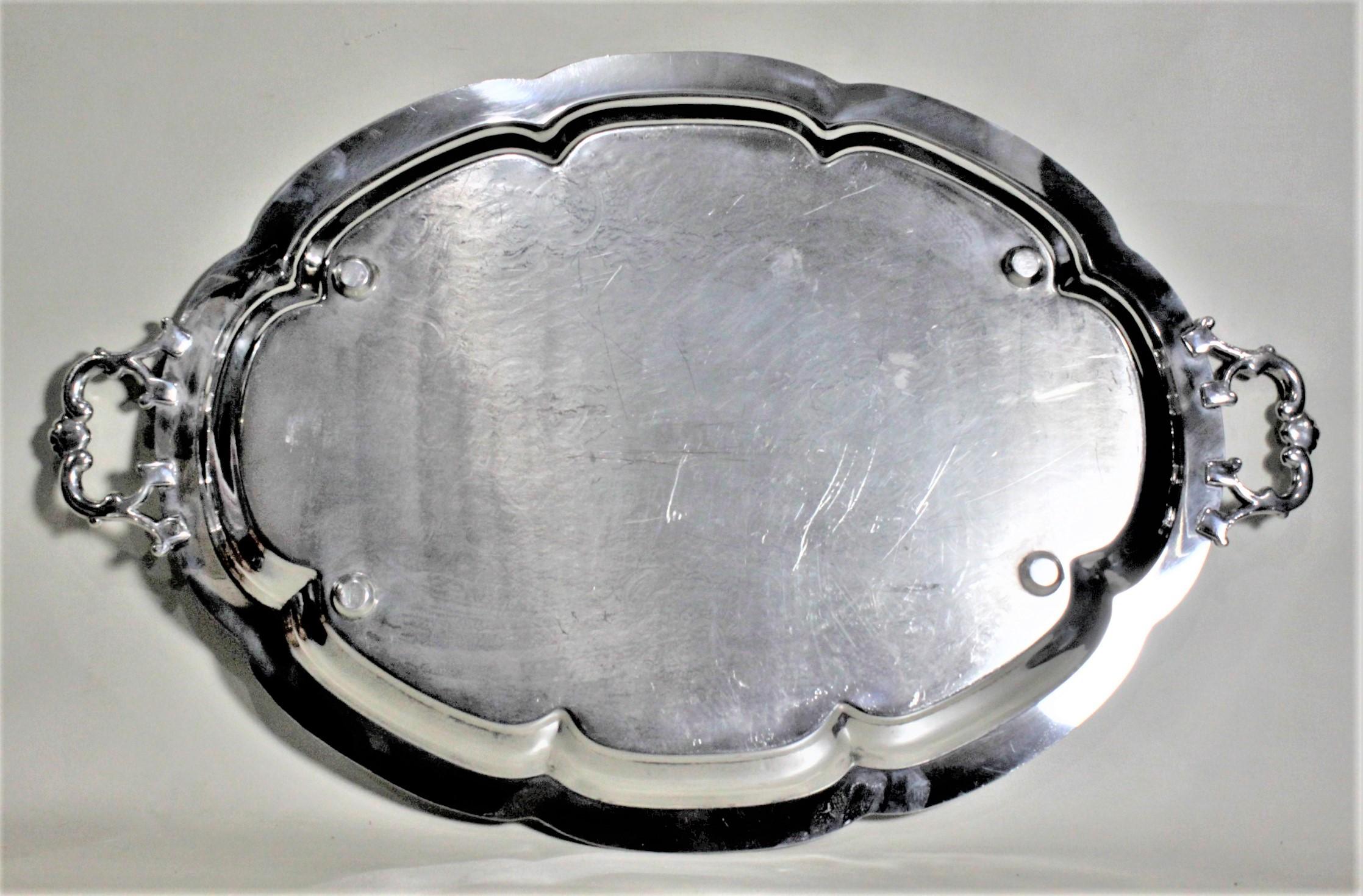 Antique Victorian Styled Scalloped Oval Silver Plated Engraved Serving Tray For Sale 2