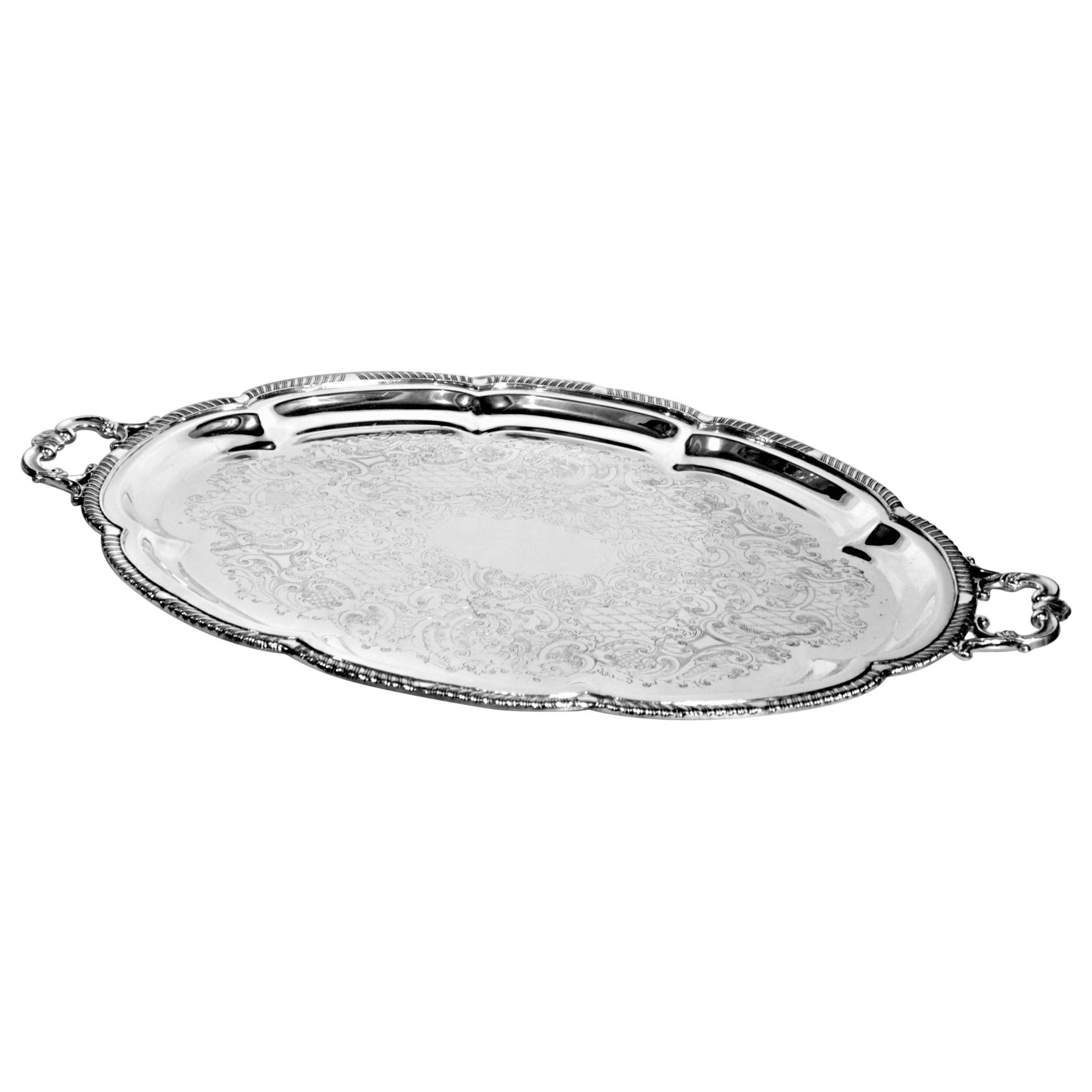 Antique Victorian Styled Scalloped Oval Silver Plated Engraved Serving Tray For Sale