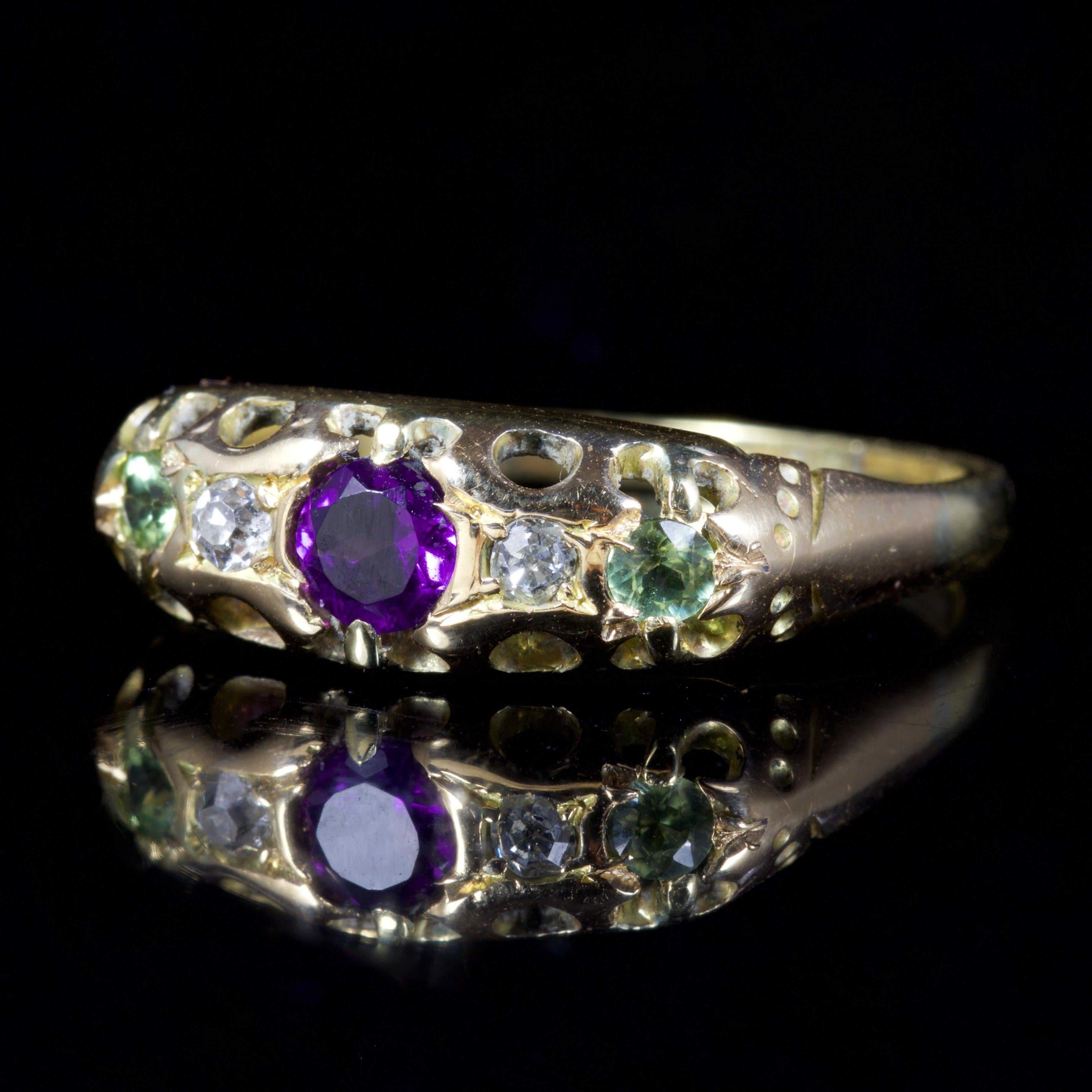 This spectacular Victorian ring is set in 18ct Gold, Circa 1900.

Suffragettes liked to be depicted as feminine, their jewellery popularly consisted of Violet, Green and White colours which were chosen to counter the stereotypes put forward by