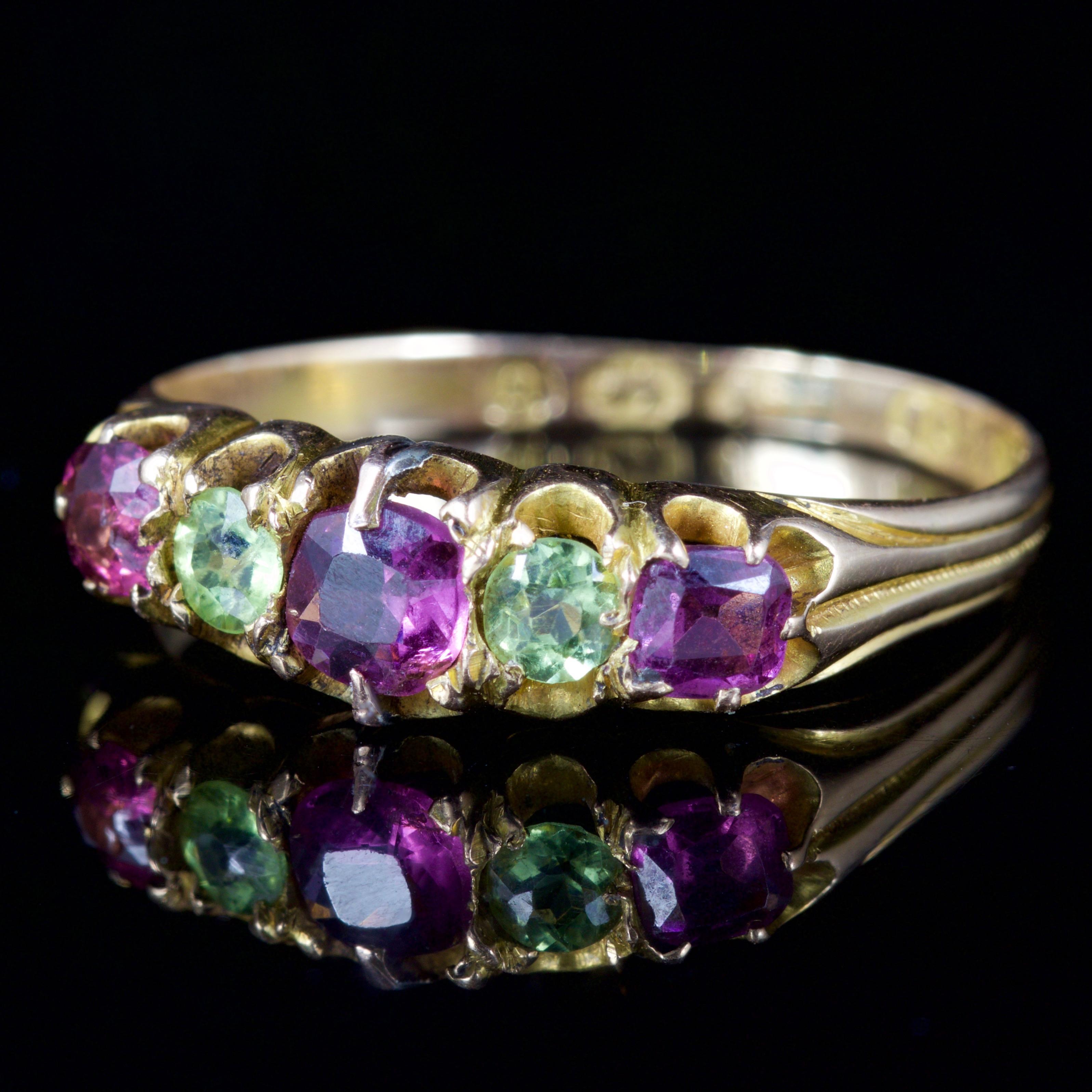 This beautiful Victorian Amethyst and Peridot ring is, Circa 1900.

The ring is adorned with a beautiful combination of Amethyst’s and Peridots which compliment each other superbly.

Amethyst has been highly esteemed throughout the ages for its