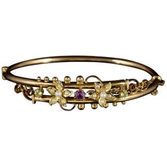 Antique Victorian Suffragette Bangle 9 Carat Gold Floral Bangle, circa 1900