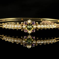 Antique Victorian Suffragette Bangle Amethyst Peridot Pearl 15 Carat Gold