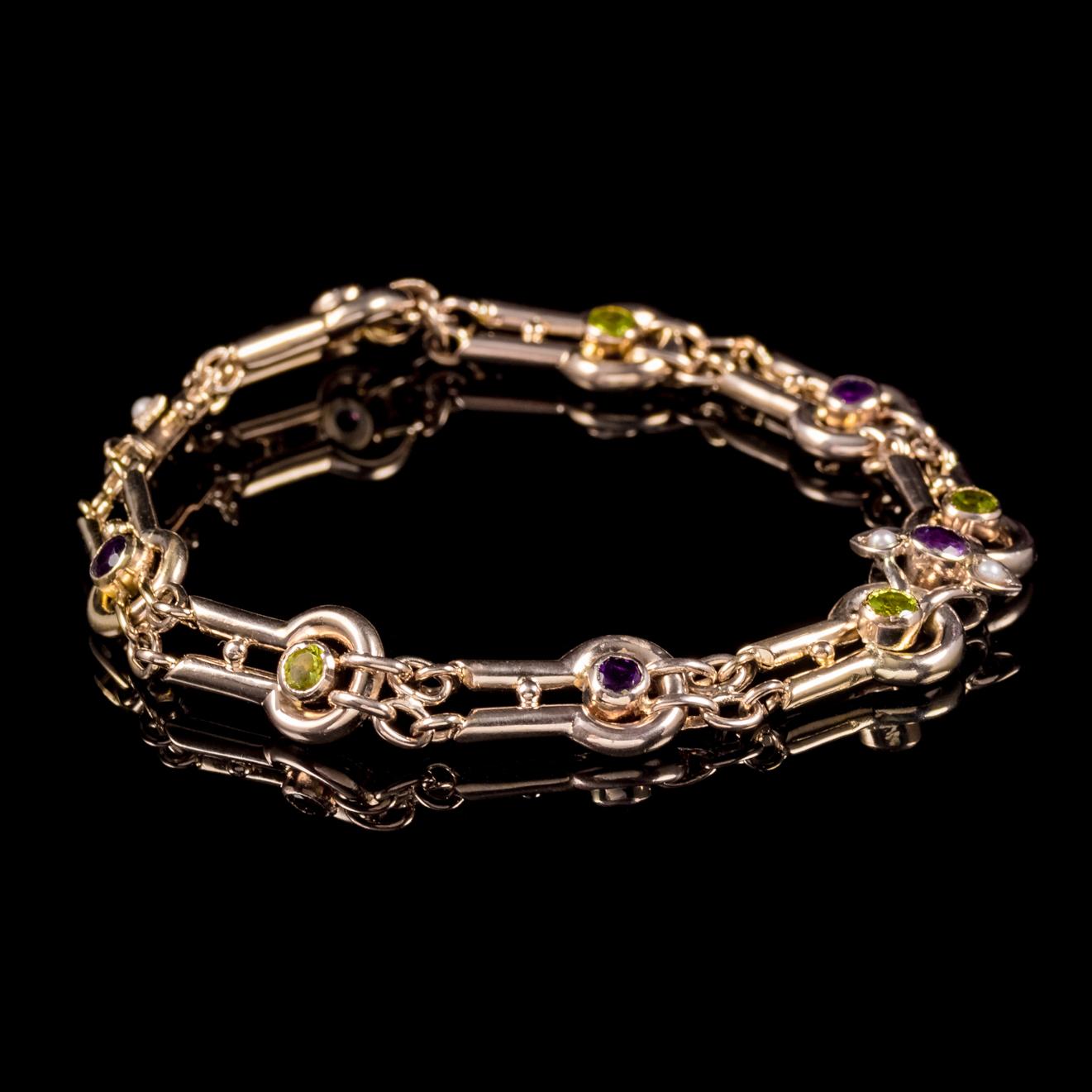 Antique Victorian Suffragette Bracelet Peridot Amethyst Pearl 9 Carat Gold In Good Condition In Lancaster, Lancashire